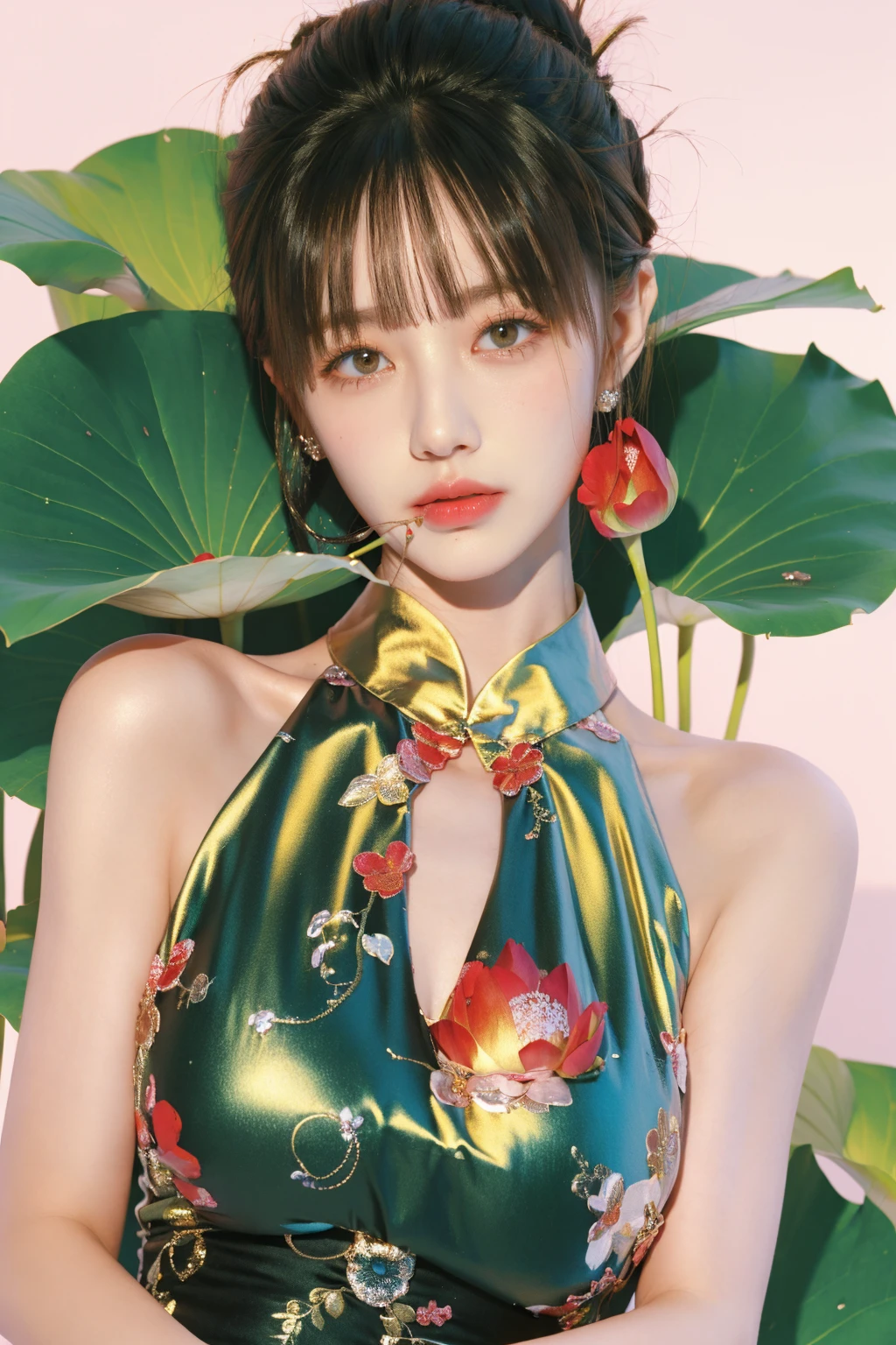 photorealistic,realistic,photography,masterpiece,best quality,ultra-detailed,extremely detailed CG unity 8k wallpaper,(reality: 1.4),1girl,solo,short hair,simple background,white background,floral print,jewelry,brown hair,black hair,dress,bare shoulders,closed mouth,flower,print dress,chinese clothes,sleeveless dress,hair bun,lips,aqua dress,plant,lotus, <lora:JAY - LOTUS:1>, (best quality:1.3)