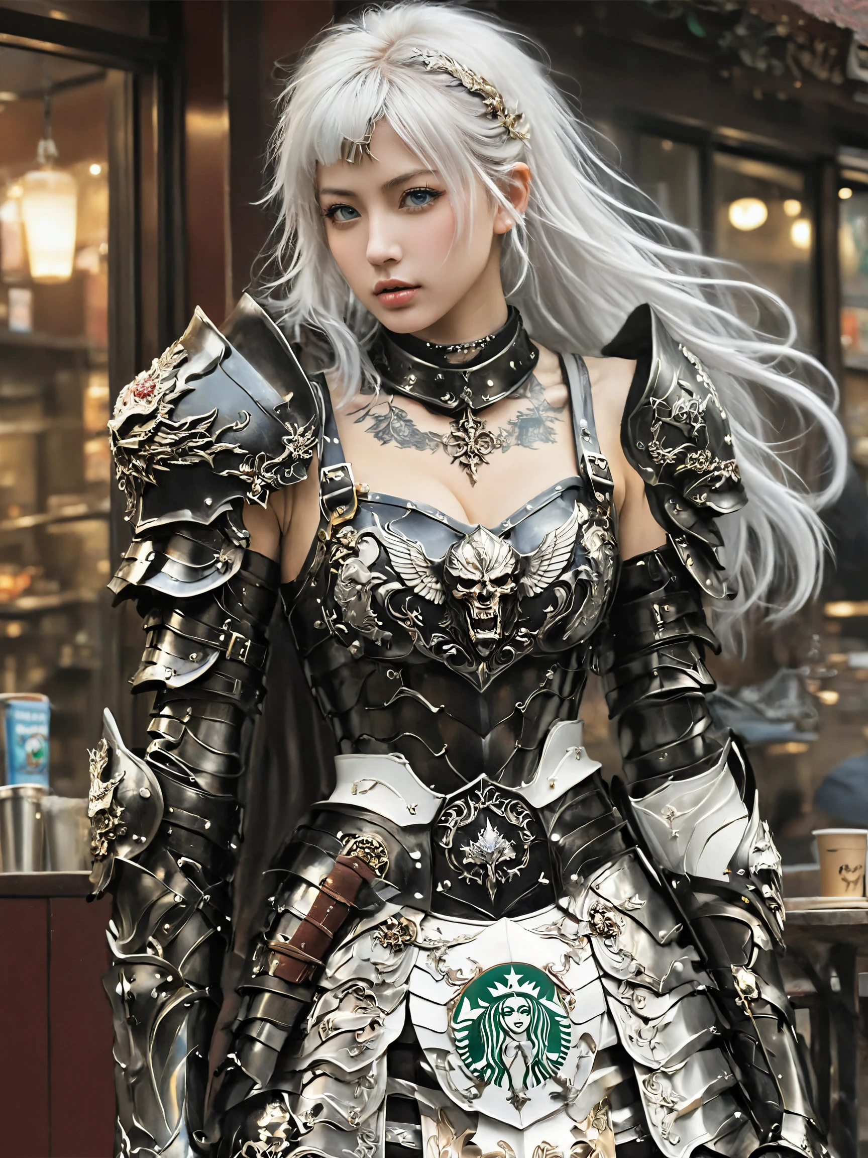 masterpieces, best quality, highres
A Japanese girl in full transparency liquid water armor with werewolf in Starbucks buying coffee,
show cleavage, blue eyes, sliver hair, full body, crossed legs, sword,
which is positioned vertically, street background,
tattoo on the breasts, tattoo cleavage, (tattoo),
action to viewer, cloudy theme,
helmet, extreme detailed ornate liquid,
diamond girdle, gemstone choker, skinny tattoo, flora tattoo,
magnificent, gorgeous, luxurious, ornaments,
spot light, high key light, rim light, spark holy light reflection,
(fantasy armor)
<lora:hinaMixArmor_v1-rev:0.6>
