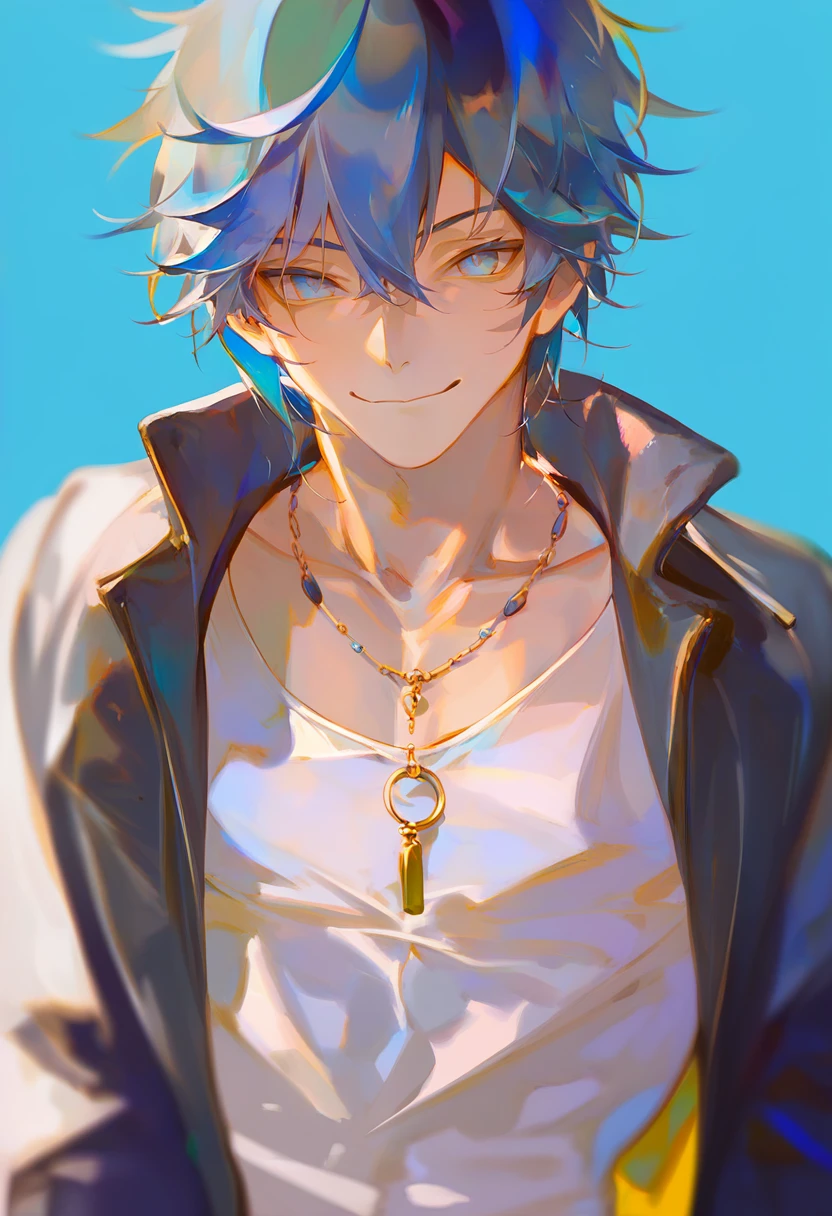 score_9, score_8_up, score_7_up, score_6_up, <lora:rei_XLP6_lokr_V4312:0.95> 1boy, male focus, blue eyes, solo, necklace, black hair, virtual youtuber, jewelry, blue hair, black jacket, multicolored hair, jacket, looking at viewer, smile, hair between eyes, simple background, shirt, collarbone, portrait, blue background, closed mouth, upper body, bangs, streaked hair
