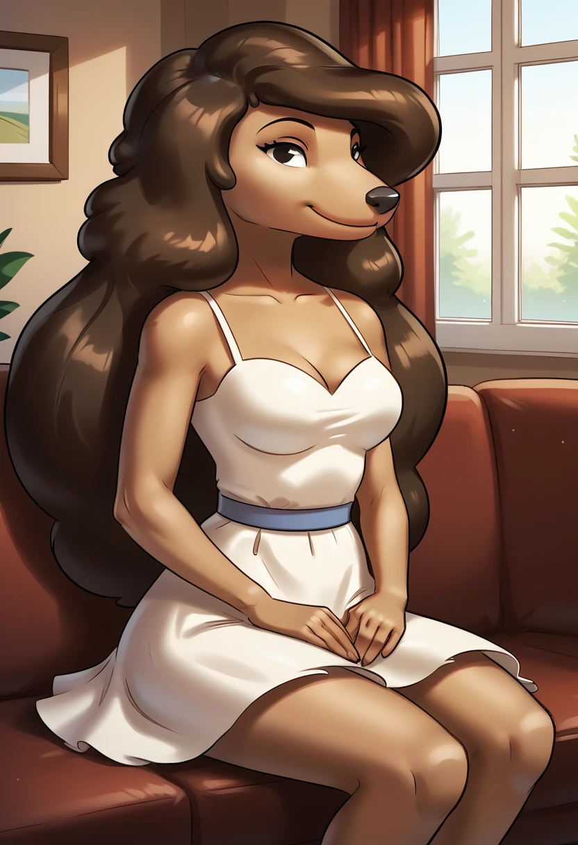 score_9, score_8_up, score_8,  <lora:Samantha_the_Dog_Adventure_Time_for_PonyXL:0.8>  1girl, long hair, dog girl, dress, s4manth4, solo, brown hair, furry female, solo, sitting on couch, living room, window, smile,