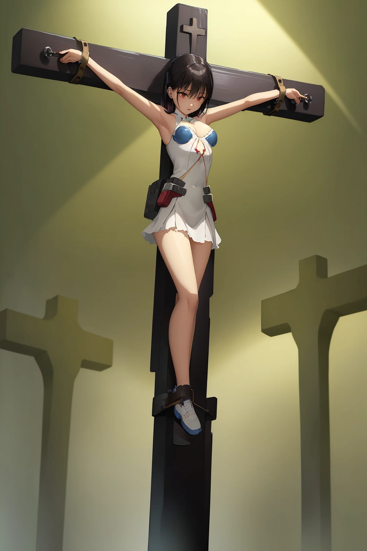(flabbergasted), asuna ba, looking at viewer, large breasts, ribbon, long hair, light brown hair, , ass visible through thighs, hair over one eye, strapless, blue bowtie, black pantyhose,playboy bunny, gloves,animal ears, mole, covered navel, fake animal ears, mole on breast, white gloves,highleg leotard,strapless leotard, bare shoulders, pantyhose, traditional bowtie, rabbit ears,detached collar, bowtie, thighband pantyhose, blue leotard, blue bow, cleavage,high-heels,blue high-heels , halo, solo, blue eyes, 1girl, panties,white background,simple background, show off nipple,REGULAR CROSS HARITSUKE, WOOD CROSS, V LEGS, FOLDED, WRISTS TO ANKLES, BOUND WRISTS, BOUND ANKLES, girl in crucified,full body,