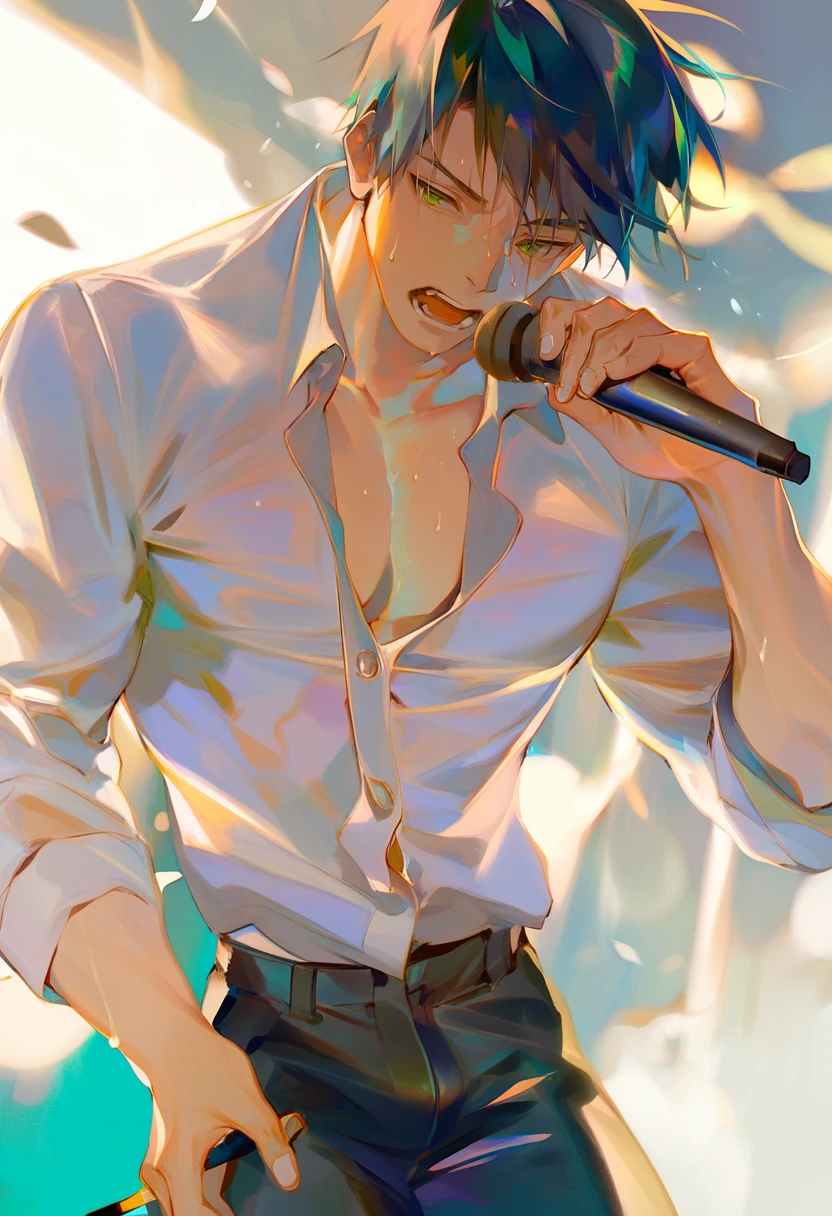 score_9, score_8_up, score_7_up, score_6_up, <lora:rei_XLP6_lokr_V4312:0.95> male focus, 1boy, microphone, holding, microphone stand, solo, shirt, open mouth, white shirt, music, green eyes, black hair, holding microphone, cigarette, sweat, short hair, singing, collared shirt, partially unbuttoned, upper body, smoke, holding cigarette, pectorals, black pants, pants, dated