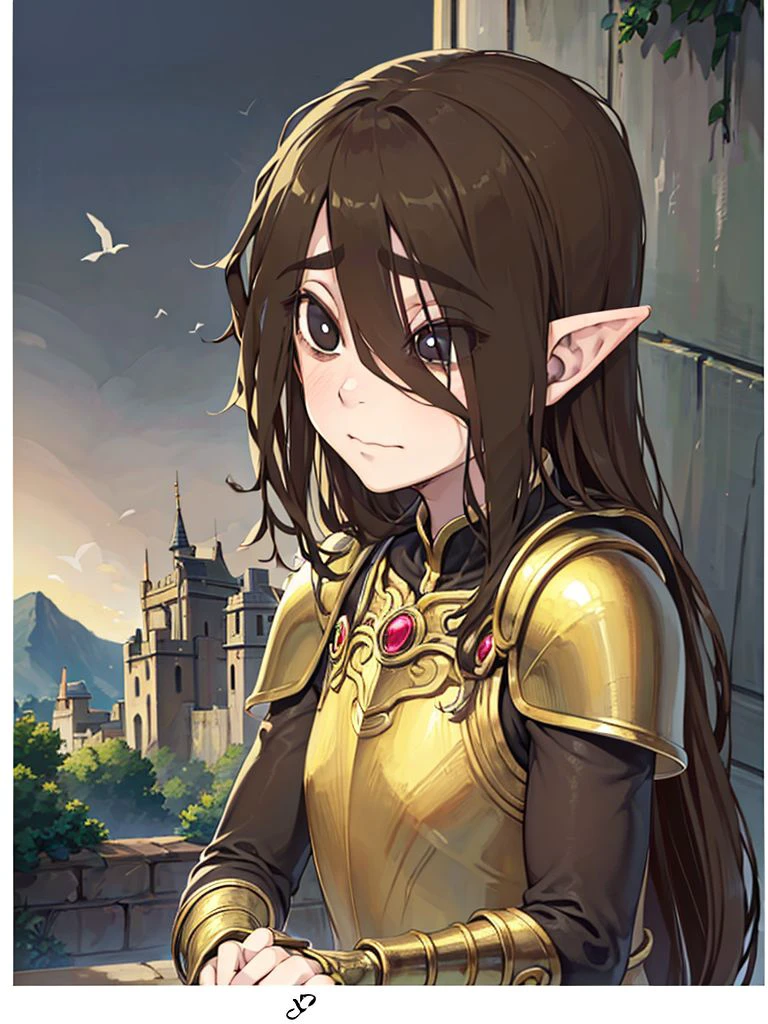 (masterpiece, absurdres, realistic), 1girl, asakura pointy ears, elven gold winged armor, closed mouth, solo, (dark castle background:1.2),  <lora:Asakura_1.1:0.8>