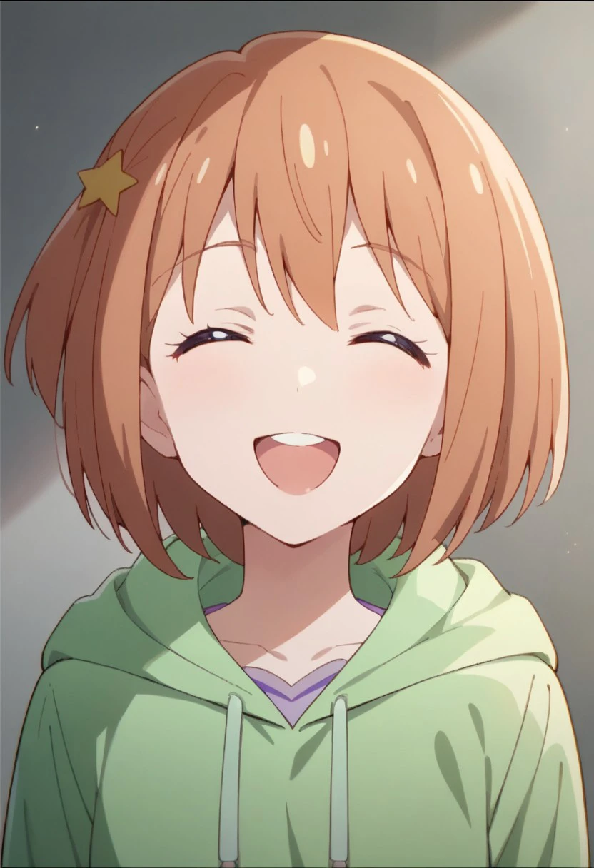 score_9, score_8_up, score_7_up, source_anime, konohata mira, brown hair, short hair, hair ornament, purple-yellow eyes, 1girl, star hair ornament, solo, closed eyes, smile, star (symbol), hood, facing viewer, hoodie, green hoodie, open mouth, :d