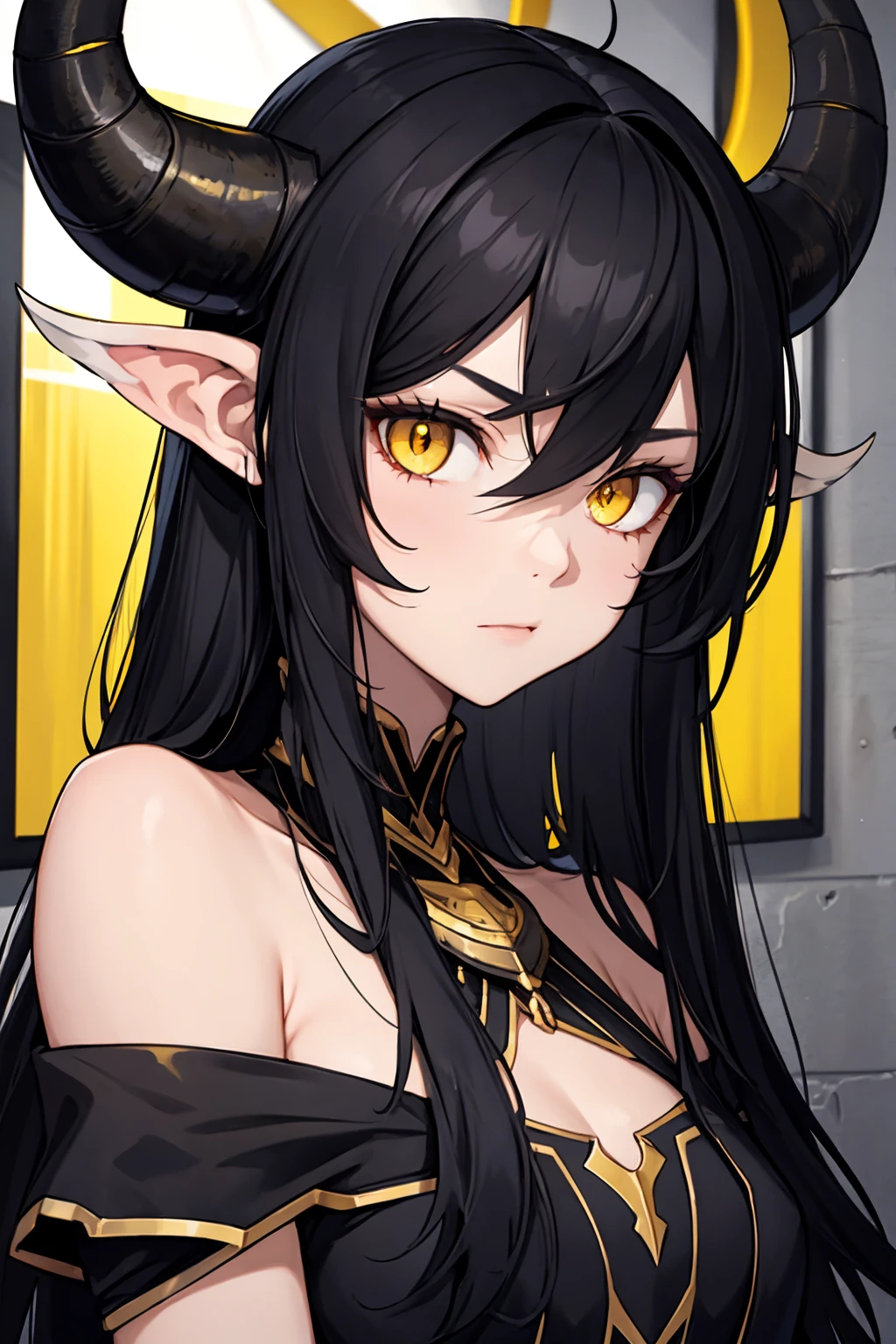 black hair, horns, portrait, bare shoulders, indoors, building, wall, yellow eyes, upper body