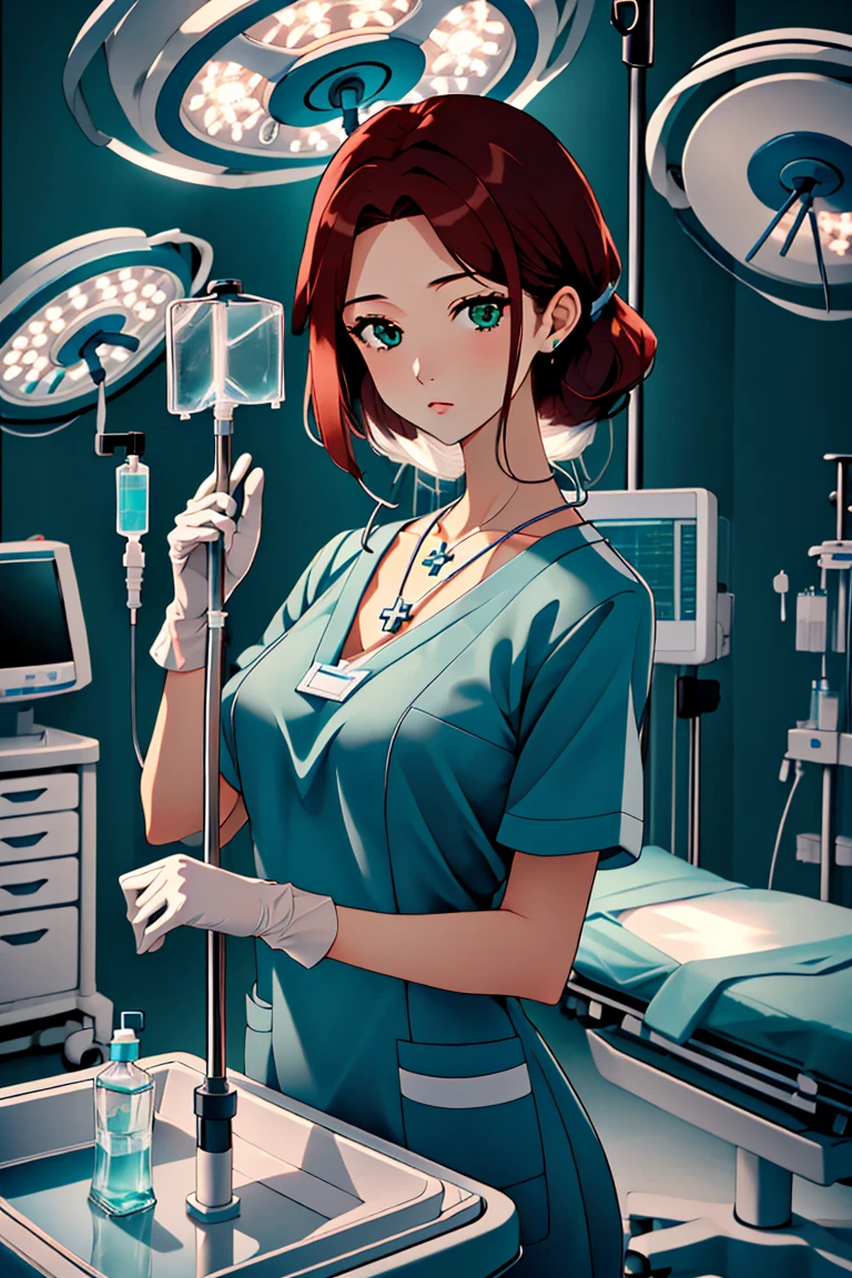 (RAW photo, best quality,facing the viewer,from front), operating room, overhead surgical light,blurred background, focused, dithering,backlighting,
 <lora:CM_Nurse_Setting_IV_Surgery_V2.0-000004:0.9> nurse iv setting, 1girl,solo, intravenous drip, hospital bed, white gloves, looking at viewer,
 <lora:Sasha_Nakamoto_V1.0:0.8> sasha nakamoto, 1girl, solo, necklace, dark red hair, green eyes,