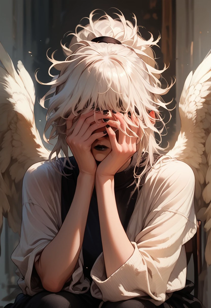 score_9, score_8_up, score_7_up, score_6_up, score_5_up, score_4_up, 1girl, w1ngs, angel wings, white hair, messy hair, hair covering eyes, hair over eyes, blunt bangs, ponytail, black lipstick,