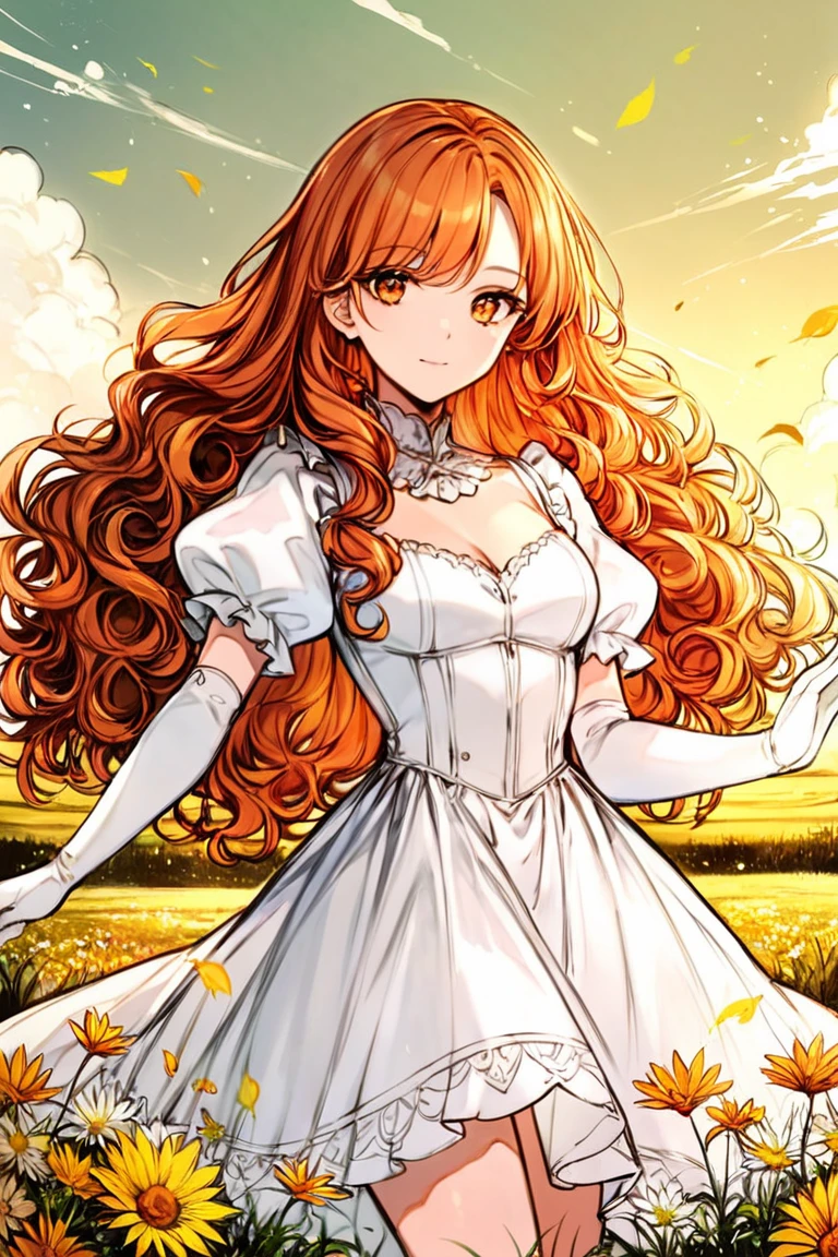 score_9, score_8_up, score_7_up, rating_safe, 1girl, solo, long hair, curly hair, wavy hair, orange hair, orange eyes, looking at viewer, breasts, dress, white dress, puffy sleeves, puffy short sleeves, short sleeves, gloves, elbow gloves, white gloves, cowboy shot, closed mouth, standing, outdoors, field, flower, grass, plant, sky <lora:Line Art Style LoRA XL:0.8>