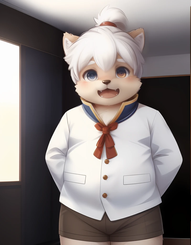 (((detailed eyes, detailed face))), (furry, masashi <lora:character_masashi_findigo_v2:1>, two-tone fur, white hair, dog boy, snout, (heterochromia, blue eyes), red eyes), male, (solo), (plump, fat, chubby, overweight), (white shirt, brown shorts), standing, (arms behind back), smile, (front view) BREAK (konzaburou, ukan_muri), bedroom, (flat shading, high brightness), 8k, UHD, masterpiece, (full body)