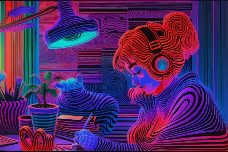 Vibrant contour horizontal lines, abstract, illustration of a lofi girl studying, psychedelia, hot uv colors, high contrast, Sharp, moiré