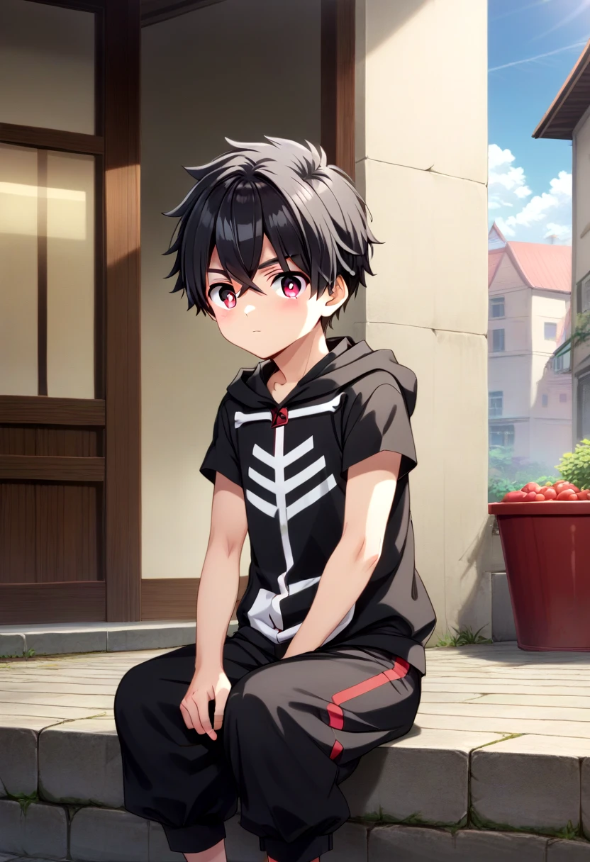 score_9, score_8_up, score_7_up,  BREAK
straight on shot, detailed eyes, village, sitting, , solo,
<lora:kemono-jihen-kabane-kusaka-pony-v10:0.6> 1boy, kabane, black hair,black clothes, black hoodie , hood down, black pants, crimson eye color