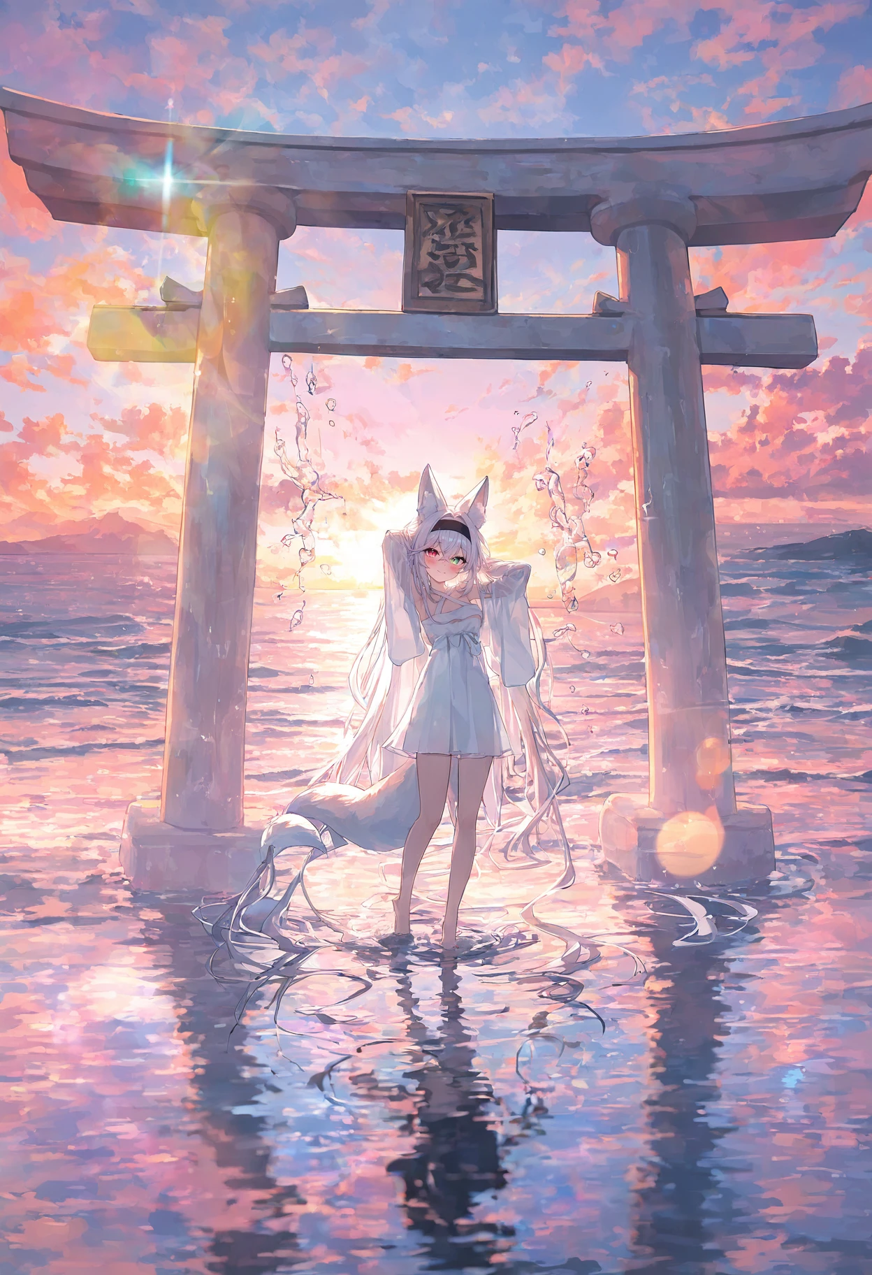 beautiful color, detailed, amazing quality, scenery, lens flare, torii, diffraction spikes, reflective water, waves, sunset, pink sky, wide shot, full body, 1girl, arms_behind_head, standing on liquid, green eyes, red eyes, slit pupils, heterochromia, blush, smile, absurdly long hair, white hair, black headband, hair intakes, fox ears, white dress, fox tail, <lora:pistachiocream2:1>