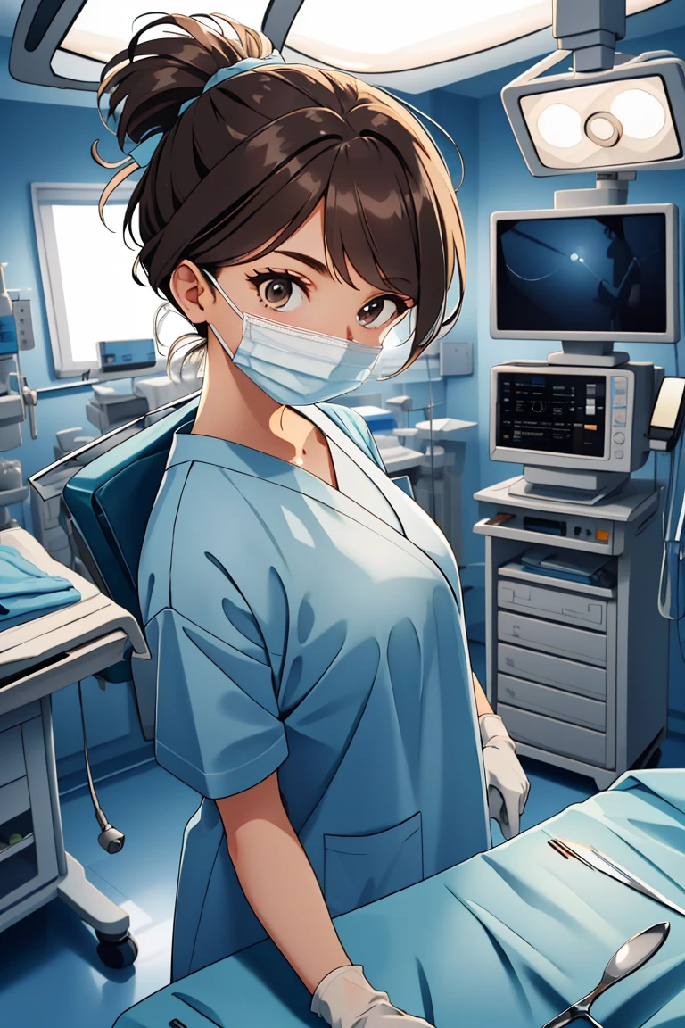 (RAW photo, best quality,facing the viewer,from front), operating room, overhead surgical light,blurred background, focused, dithering,backlighting,
 <lora:CM_doctor_surgeon_scalpel_V2.0-000004:0.8> doctor_surgscalpelpov, 1girl, solo, looking at viewer, white gloves, doctor, surgical mask,headwear,scalpel,
 <lora:Klaviana_V1.0:0.7> klaviana,brown hair, brown eyes,folded ponytail, 1990s (style),