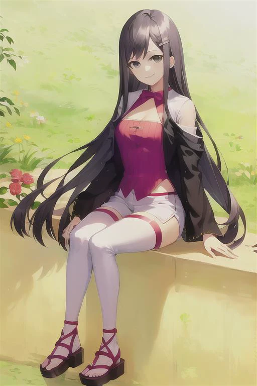 solo, flower, black hair, 1girl, long hair, hair ornament, sandals, hairclip, sitting, smile, white shorts, thighhighs, neckline, cleavage<lora:EMS-404670-EMS:2.000000>