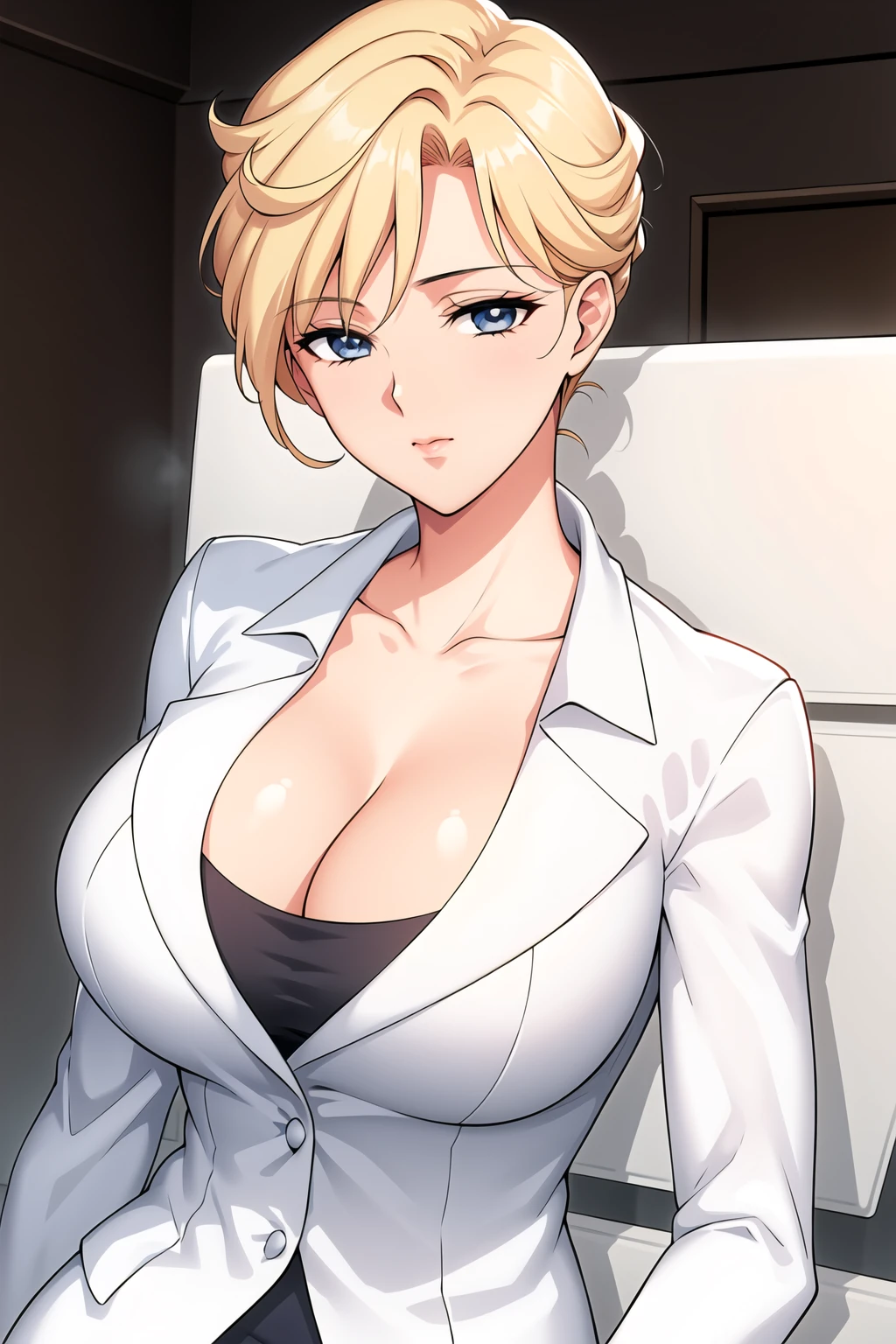 Simple Background,White Background,
dynamic pose,standing at attention,
white jacket,white shirt, collarbone, cleavage, long sleeves, 
<lora:Sailor_Uranus-KK77-V1:0.7>,business suit, office lady, 
blue eyes, blonde hair,bangs,Short hair,Makeup, red lipstick, 
<lora:more_details:0.1>,<lora:Oda_Non_Style-KK77-V2:0.3>,<lora:Sexy_AIart-KK77-V1:0.3>,
1 girl, 20yo,Young female,Beautiful long legs,Beautiful body,
Beautiful Nose,Beautiful character design, perfect eyes, perfect face,expressive eyes,perfect balance,
looking at viewer,(Focus on her face),closed mouth, (innocent_big_eyes:1.0),(Light_Smile:0.3),
official art,extremely detailed CG unity 8k wallpaper, perfect lighting,Colorful, Bright_Front_face_Lighting,White skin,
(masterpiece:1.0),(best_quality:1.0), ultra high res,4K,ultra-detailed,
photography, 8K, HDR, highres, absurdres:1.2, Kodak portra 400, film grain, blurry background, bokeh:1.2, lens flare, (vibrant_color:1.2),professional photograph,
(Beautiful,large_Breasts:1.4), (beautiful_face:1.5),(narrow_waist),