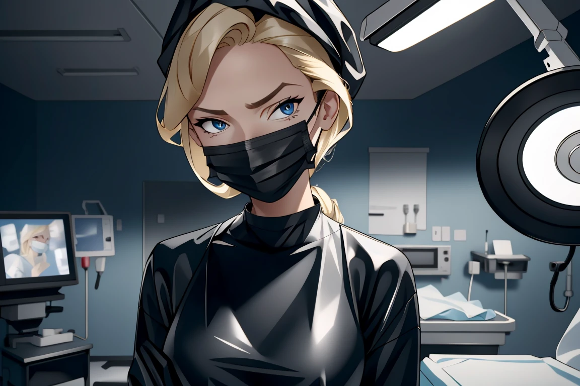 (RAW photo, best quality,facing the viewer,from front), operating room, overhead surgical light,blurred background, focused, dithering,backlighting,
 <lora:CM_doctor_surgeon_blackRubber_V2.0-000004:0.8> doctor_surgblackrubber, 1girl, solo, black dress, black gloves,latex, black headwear, mask, looking at viewer,long sleeves, long dress, 
 <lora:helga:0.8> helga 1girl,1girl,solo, blonde hair, makeup, blue eyes,