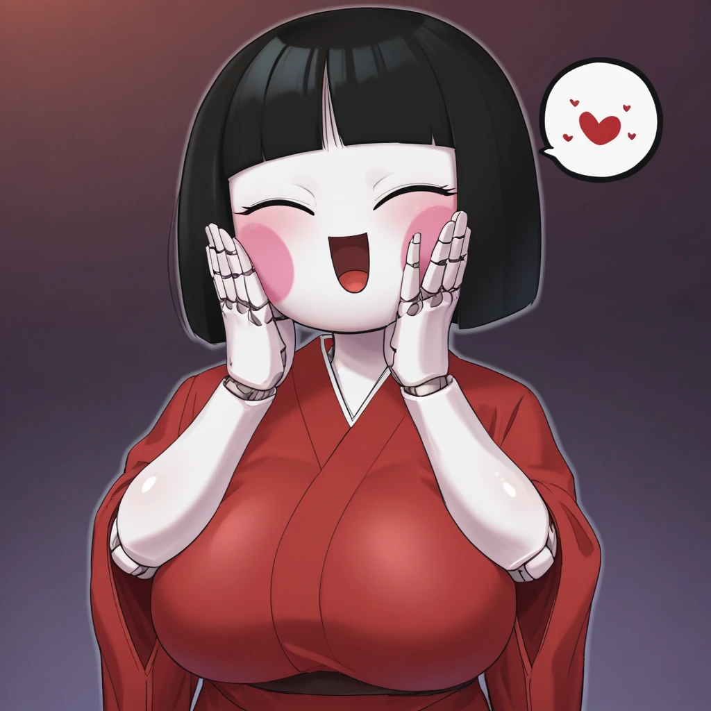 score_9, score_8_up, score_7_up, score_6_up, score_5_up, score_4_up BREAK, 1girl, spoken heart, black hair, joints, japanese clothes, closed eyes, blush, kimono, solo, bangs, short hair, hands on own face, blunt bangs, smile, open mouth, huge breasts, blush stickers, doll joints, bob cut, hands on own cheeks, white skin, facing viewer, puppet girl, <lora:kaxiota-000010:1>