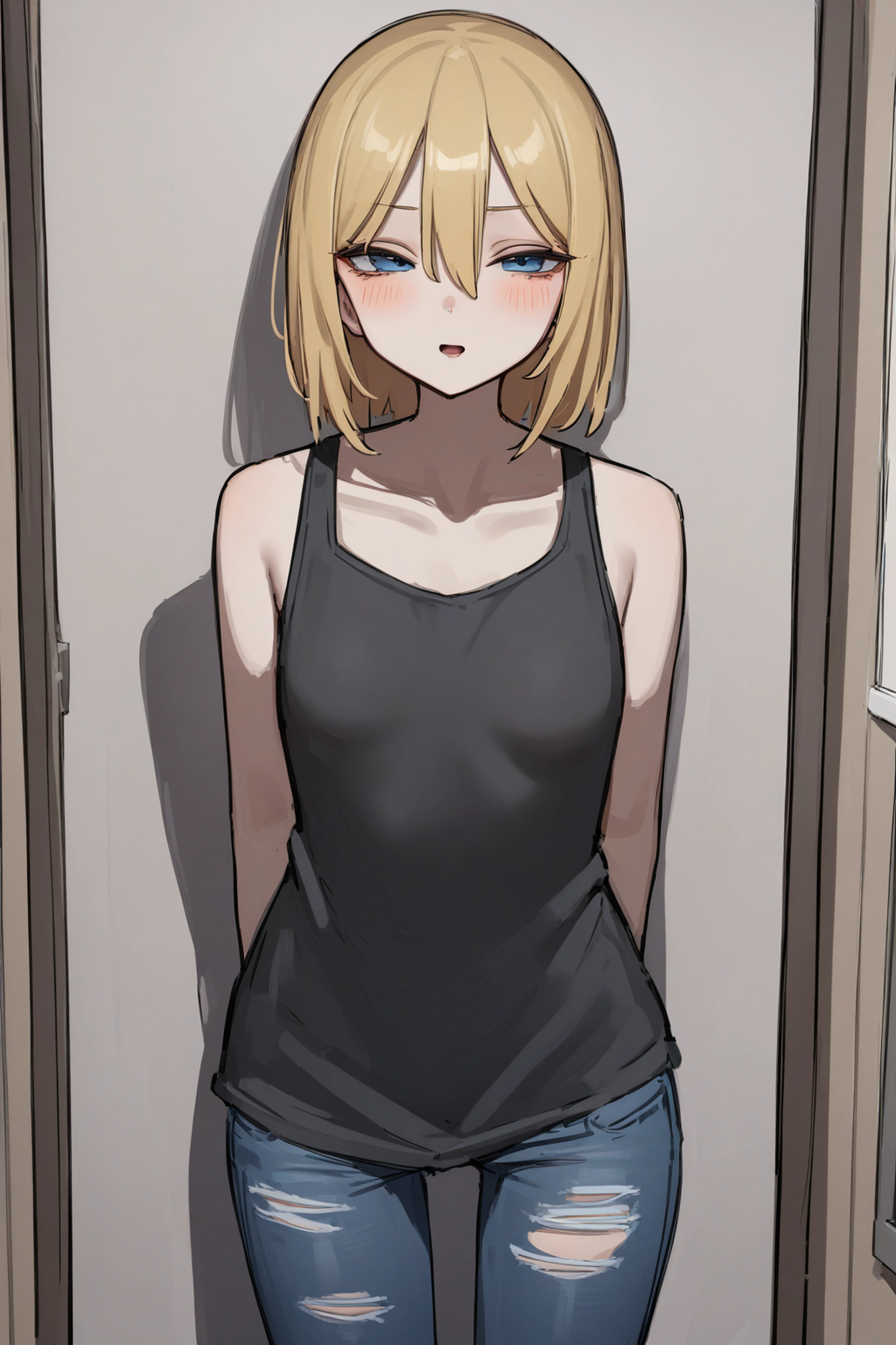 score_9, score_8_up, score_7_up, ymir fritz,1girl, solo, hairband, blonde hair, bangs, blue eyes, medium hair,shaded face,white dress, short sleeves, room, from bellow, looking down, grab, grabbing, selfie,