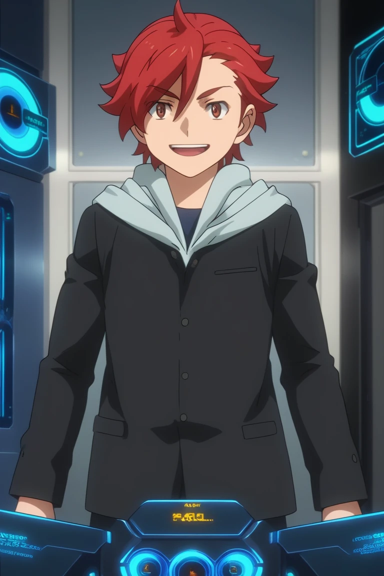 score_9, score_8_up, score_7_up, score_6_up, detailed, intricate details,cowboy shot,best quality ,source_anime, sekai kamiki, red hair, red eyes, hoodie, black jacket, 1boy, male focus, solo, open mouth, smile, holographic interface, hood<lora:EMS-408998-EMS:1.000000>