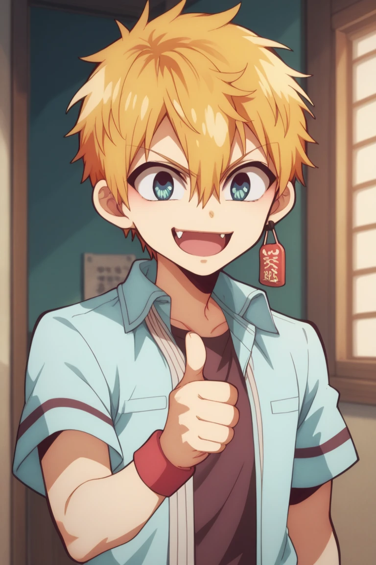 score_9, score_8_up, score_7_up, score_6_up, detailed, intricate details,cowboy shot,best quality ,source_anime, minamoto kou, blonde hair, blue eyes, earring, blue jacket, brown shirt, 1boy, male focus, fang, solo, open mouth, smile, shirt, looking at viewer, blue shirt, upper body, thumbs up,short hair, black eyes, collared shirt, short sleeves, hair between eyes<lora:EMS-408937-EMS:1.000000>