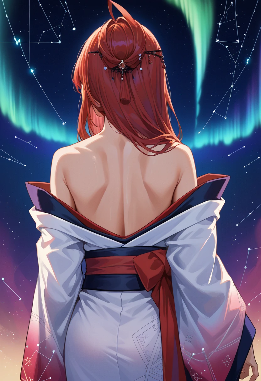 score_9, score_8_up, source_anime, 1girl, solo, ElizabethRB, long hair, ahoge, hair ornament, aurora, back, bare back, bare shoulders, constellation, from behind, kimono, light particles, long sleeves, off shoulder, <lora:ChamElizabethBloodflamePonyXL:1>