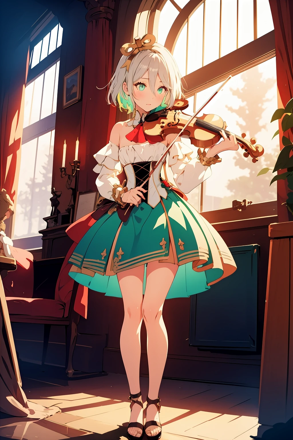 (masterpiece, best quality, high quality:1.2),illustration, cinematic lighting, godrays, light beams, <lora:CeciliaImmergreen v1.0:0.9> ceciliaimmergreen, 1girl, solo, short hair, bare shoulders, green eyes, upper body, white hair, braid, multicolored hair, green hair, detached collar, joints, doll joints, green dress, musical note, flat chest, white sleeves, puffy sleeves, wrist cuffs, gold cuffs, translucent dress, layered sleeves, corset, red ascot, choker, white choker, hairband, gold hairband, blue hair, messy hair, gears, tailcoat, anklet, sandals, brown footwear, high heeled sandals, bare legs, gold trim, aqua eyes, hair between eyes, bloomers, white topwear, puffy dress, full body, workshop, gears, steampunk, playing holding instrument, violin, holding bow \(music\),