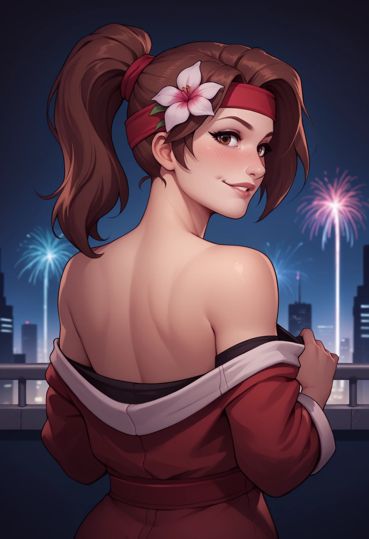 score_9, score_8_up, score_7_up, 1girl, solo, JessieFF7, brown hair, brown eyes, from behind, medium breasts, ponytail, red headband, upper body, off-shoulder kimono, bare shoulders, hair ornament, hair flower, undressing, clothes tug, looking at viewer, looking back, seductive smile, parted lips, blush, cityscape, skyline, night, black background, depth of field, floral pattern, fireworks, butt, hands up,  <lora:jessieff7-ponyxl-beta3-08:0.9>