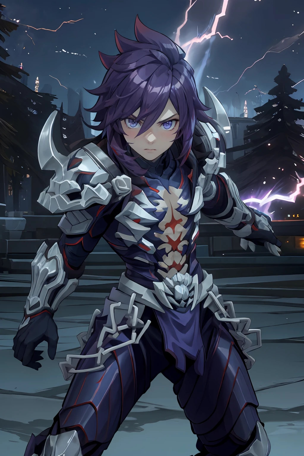 masterpiece, best quality, ultra-detailed, 1boy, solo, thanatos_rom, beautiful, fierce, agony, fighting stance, purple aura, cowboy shot, looking at viewer, light particles, lightning, Chill of twilight theme, vivid colors, dark and magical atmosphere,
<lora:thanatos_rom_v2:0.8>, <lora:add_detail:0.5>