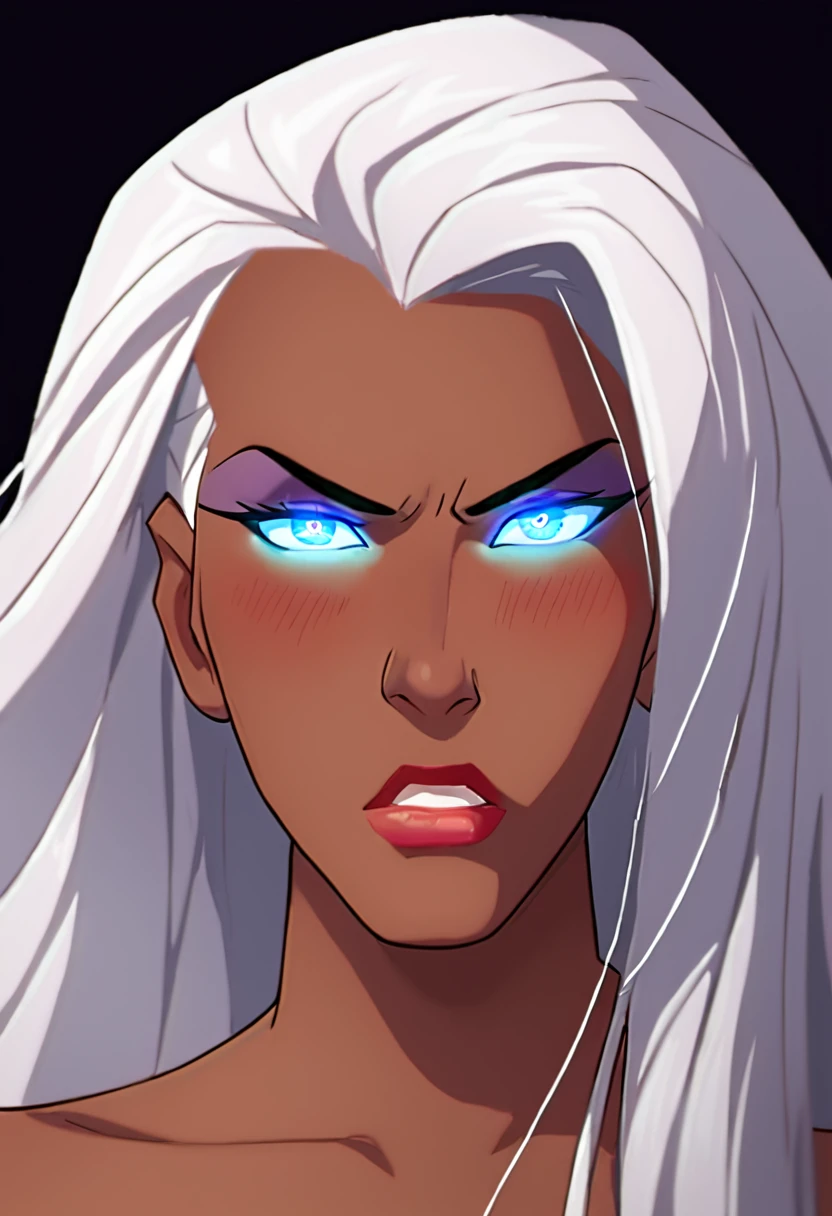 face, close up, portrait, score_9, score_8_up, score_7_up, source_anime, source_cartoon, rating_safe 1girl, solo storm, dark skin, long hair, white hair, dark-skinned female, makeup, lipstick, nude,
(cartoon, anime),detailed face, (cowboy shot), (source_cartoon), pinup, detailed eyes, masterpiece,  makeup, blush, eyeshadow, eyelashes
simple background, black background
seductive,nsfw,lewd,sensual,  
woman,1girl, , looking  at viewer, angry, glowing eyes
 <lora:Storm_-_X-Men_Evolution_-_PONY:1>