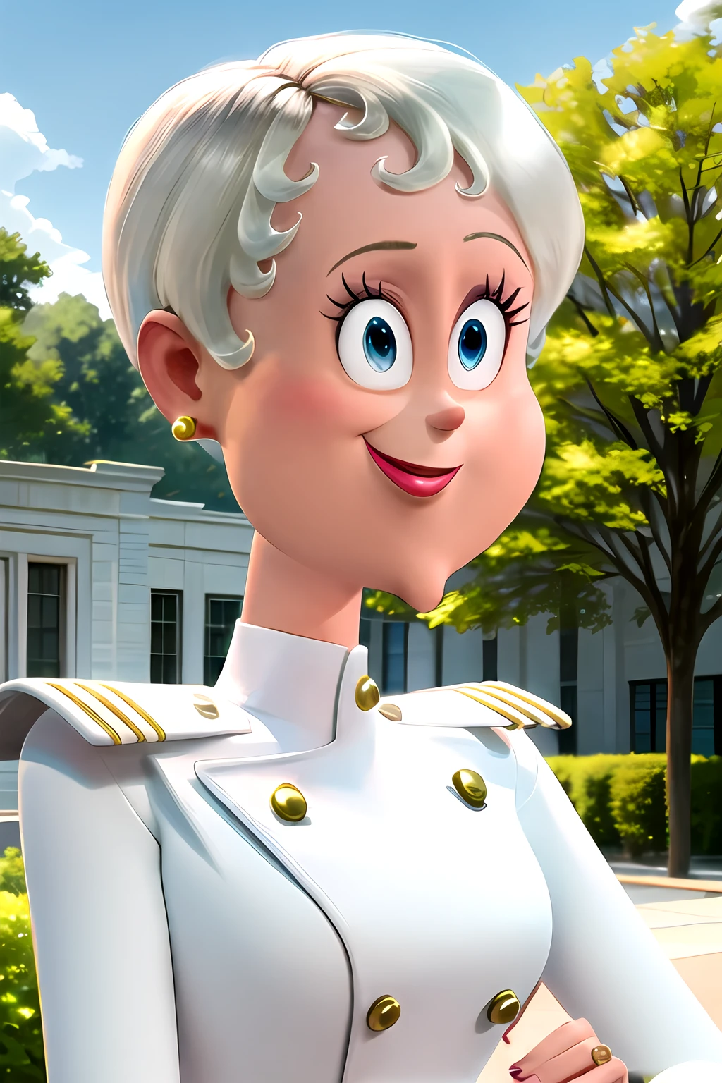 <lora:SC-HT_EVHelsing:1>, ht3vh3ls1ng, masterpiece, best quality, upper body, naval uniform, earrings, short hair, white hair, smile, outdoors, blue sky