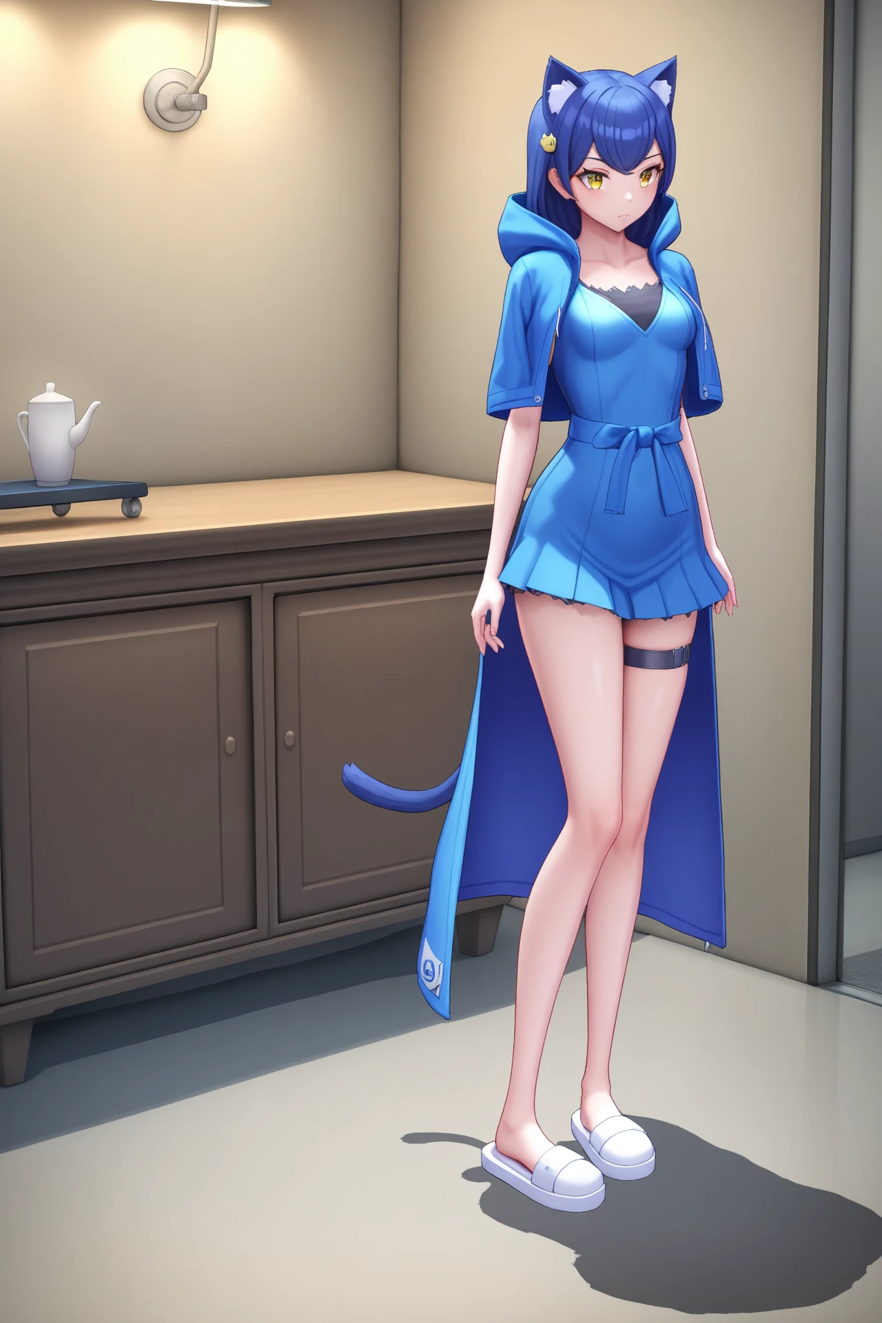 cat girl, dsc-erika, blue hair, hair ornament, 1girl, solo, narrow waist, masterpiece, absurdres, high quality, highres, best quality, (full body:1.20), recent <lora:dsc-erika-V01-000003:0.7>