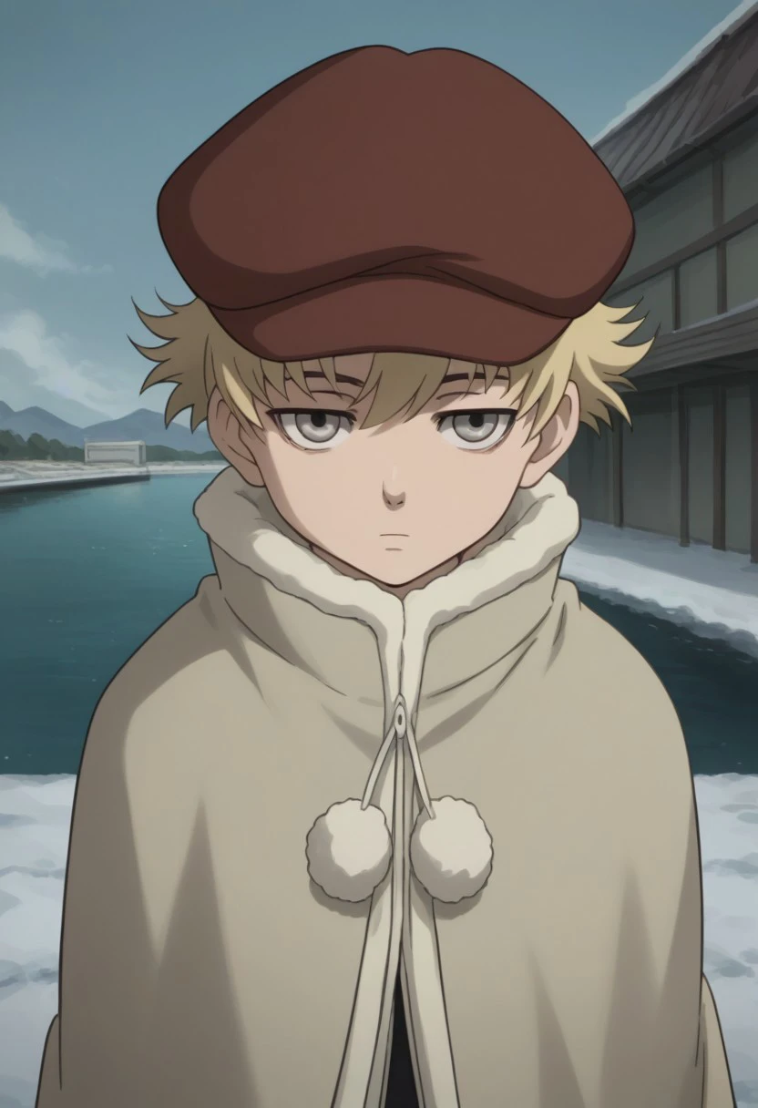 score_9, score_8_up, source_anime, highly detailed, 
july_d, solo, hat, blonde hair, parody, grey eyes, 1boy,
male focus, looking at viewer, coat, short hair, upper body, expressionless,
outdoor,