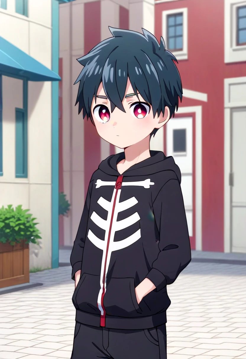 score_9, score_8_up, score_7_up,  BREAK
straight on shot, detailed eyes, village, leaining, , solo, petite,young,  
<lora:kemono-jihen-kabane-kusaka-pony-v10:0.6> 1boy, kabane, black hair,black clothes, black hoodie, hood down, black pants, crimson eye color