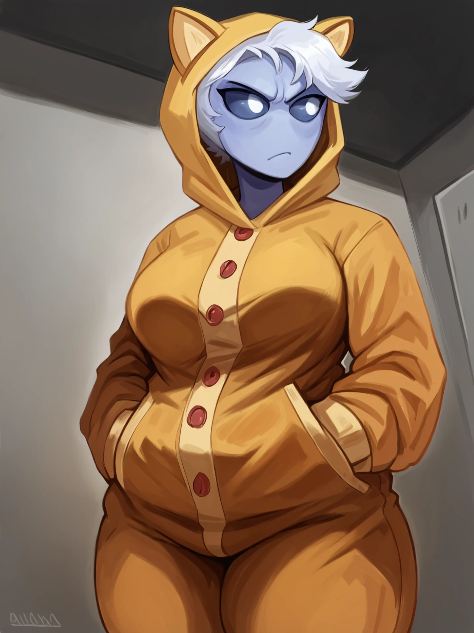 score_9, score_8_up, score_7_up, score_6_up, best quality, highres, source_furry, masterpiece, BREAK by oouna BREAK
1girl, female, solo, bedroom, standing, penumbra, blue skin, white eyes, blue sclera, eyeliner, white hair, looking aside, alien, big breasts, hand in pocket, thick thighs, short hair, fake cat ears, onesie, white clothing, hood up, pouting, from below,   <lora:Penumbra:1>  <lora:Oouna_Style_PonyXL:1>