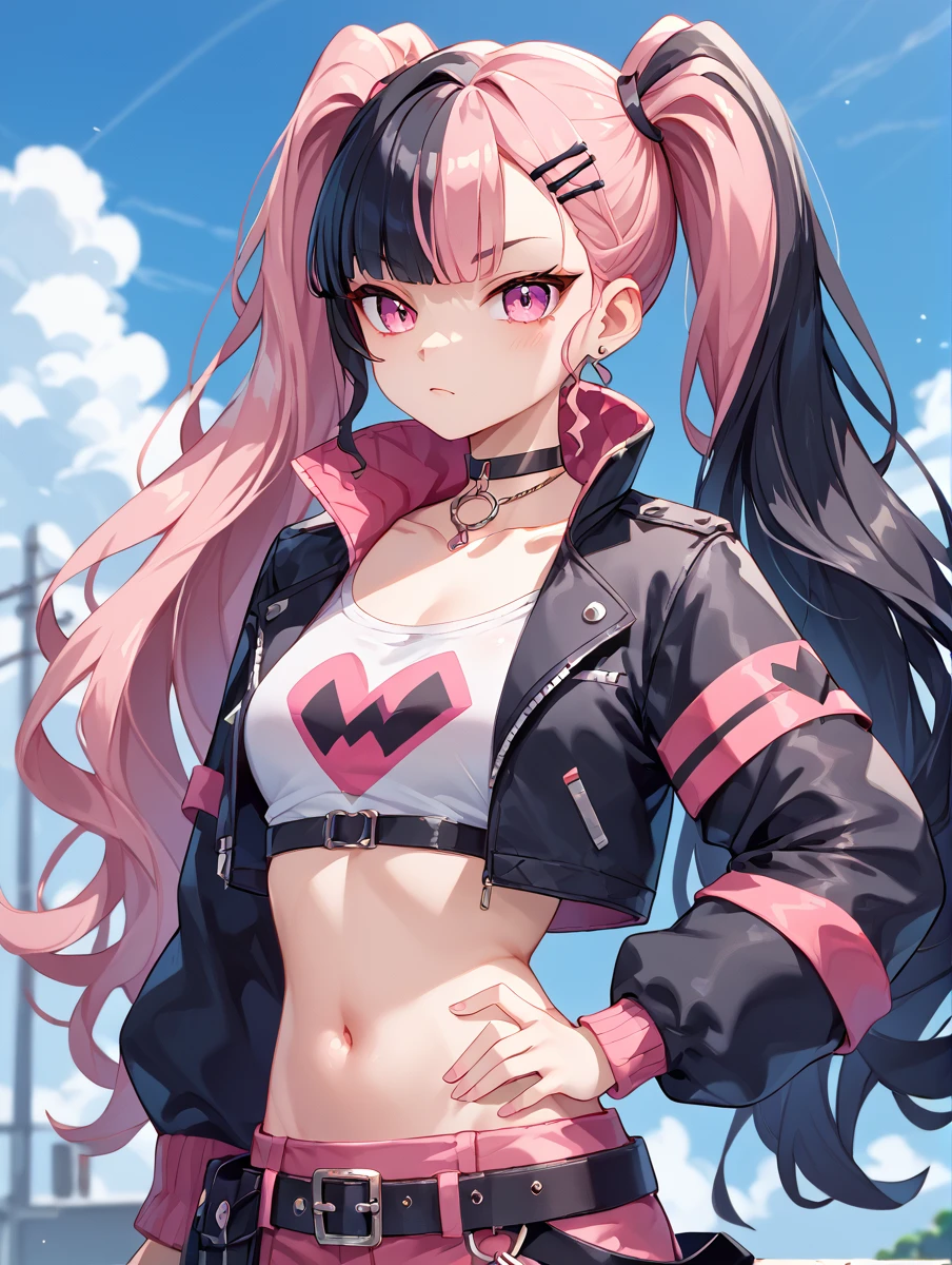 (score_9,score_8_up,score_7_up,score_6_up,score_5_up,score_4_up), a very detailed illustration, 1girls, zoe_rayne,
long hair, bangs, black hair, twintails, pink hair, multicolored hair, pink eyes, two-tone hair, split-color hair,
jacket, choker, belt, black jacket, cropped jacket
<lora:zoe_rayne:1>