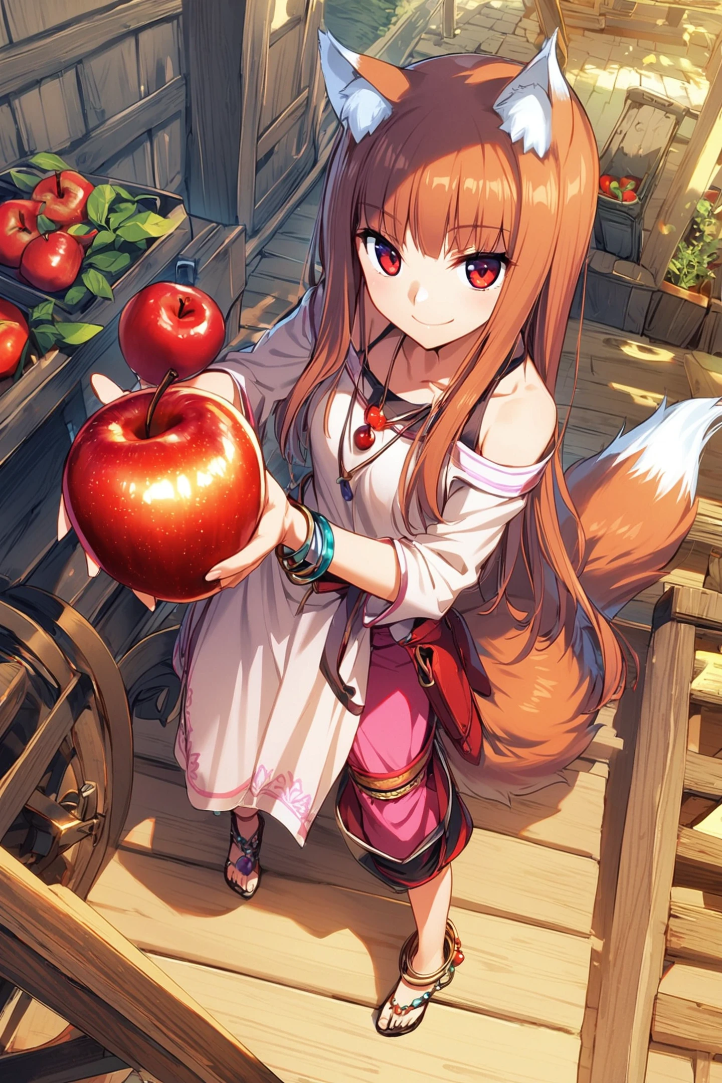 1girl,holo,food,long hair,tail,solo,animal ears,apple,wolf girl,fruit,wolf ears,wolf tail,anklet,red eyes,brown hair,holding,holding food,jewelry,smile,holding fruit,standing,pants,looking at viewer,cart,capri pants,pouch,bracelet,
<lora:Koume Keito_XL:0.7>,