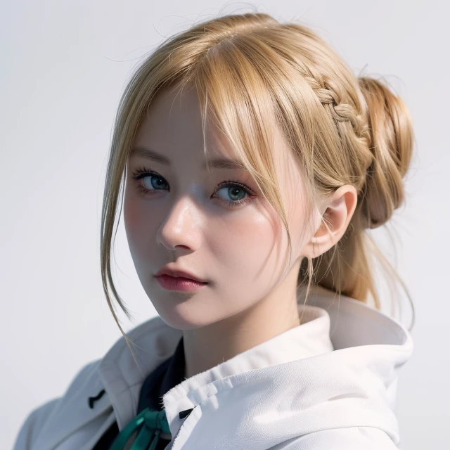 masterpiece,best quality,(realistic, photo-realistic:1.37),1girl,mouth mask,blonde hair,((ahoge)),mask,green eyes,artoria pendragon (fate),solo,looking at viewer,saber,surgical mask,bangs,braid,white background,french braid,simple background,hair bun,single hair bun,sidelocks,armor,jacket,hair between eyes,breastplate,hood,short hair,upper body,raw photo,in the dark,deep shadow,low key,cold light,yanran,