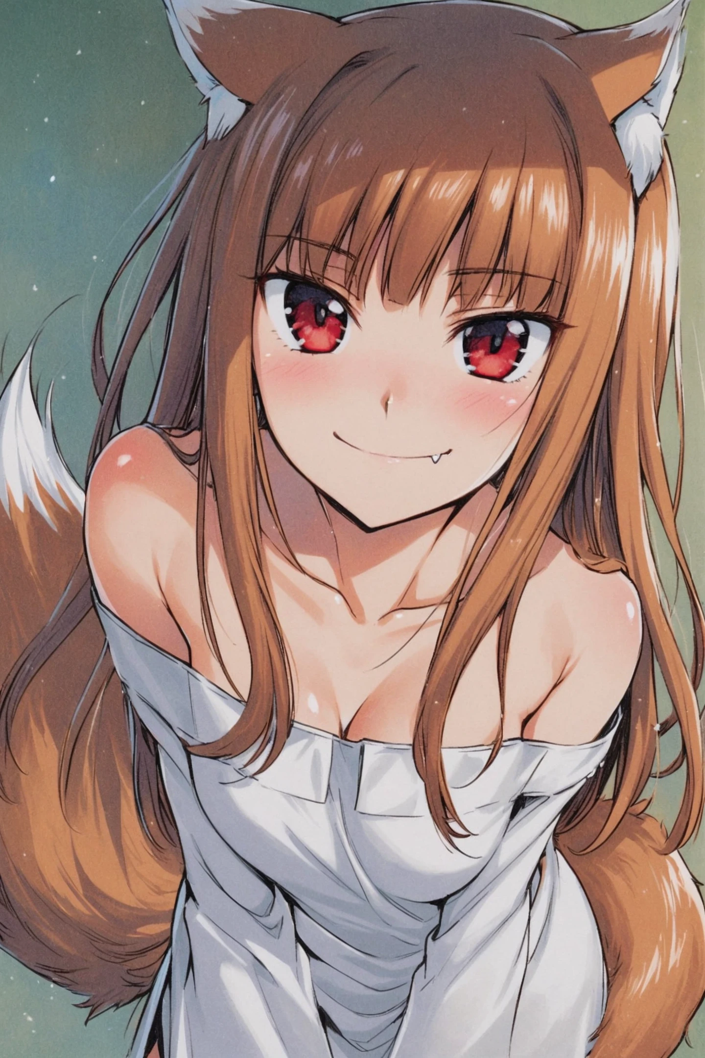 1girl,tail,animal ears,solo,holo,wolf tail,long hair,wolf ears,fang,wolf girl,white dress,red eyes,brown hair,smile,breasts,looking at viewer,collarbone,bare shoulders,off-shoulder dress,cleavage,fang out,blush,bangs,off shoulder,shiny,closed mouth,small breasts,traditional media,looking at viewer,<lora:Koume Keito_XL:0.8>,