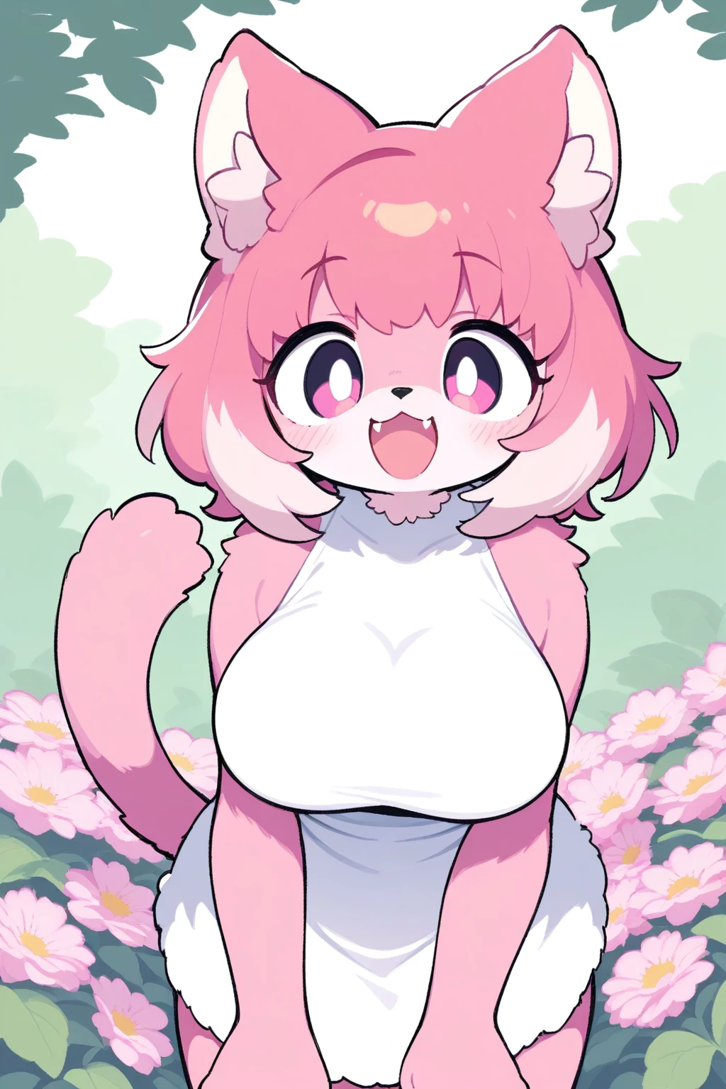 cute pink furry cat female,animal nose, bob hair, detailed eyes,pink eyes, pink and white dress, pink hair, two tone fur, fluffy fur, cat tail, standing, in garden background, breasts,looking at viewer,pastel color, (flower:1.2), :d, fangs, masterpiece, best quality