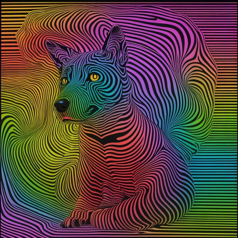 dog, Vibrant contour horizontal lines, abstract, striped, psychedelia, hot uv colors, high contrast, Sharp, moiré