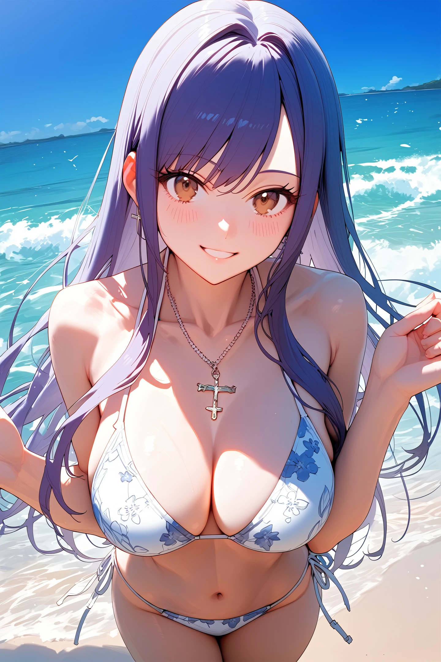 score_9, score_8_up, score_7_up, score_6_up, score explicit,
smile, looking at viewer,
1girl,purple hair,  long hair, brown eyes, from above,
white necklace, cross necklace, white bikini, floral print, medium breasts, side-tie bikini bottom, hands up,
cowboy shot,
sea, blue sky, white cloud,