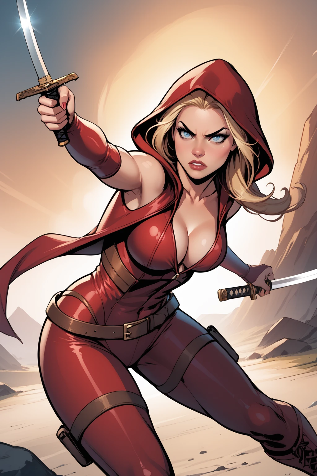 score_9, score_8_up, score_7_up, masterpiece, high quality, BREAK
<lora:Britney WatersPonyLoRA:1>britwtrs, long hair, hood, bodysuit, bare shoulders, long sleeves, cleavage, center opening, clothing cutout, thigh strap, bridal gauntlets, belt, bend forward, angry,dual wielding, katana, weapon, attacking, fighting, battle stance