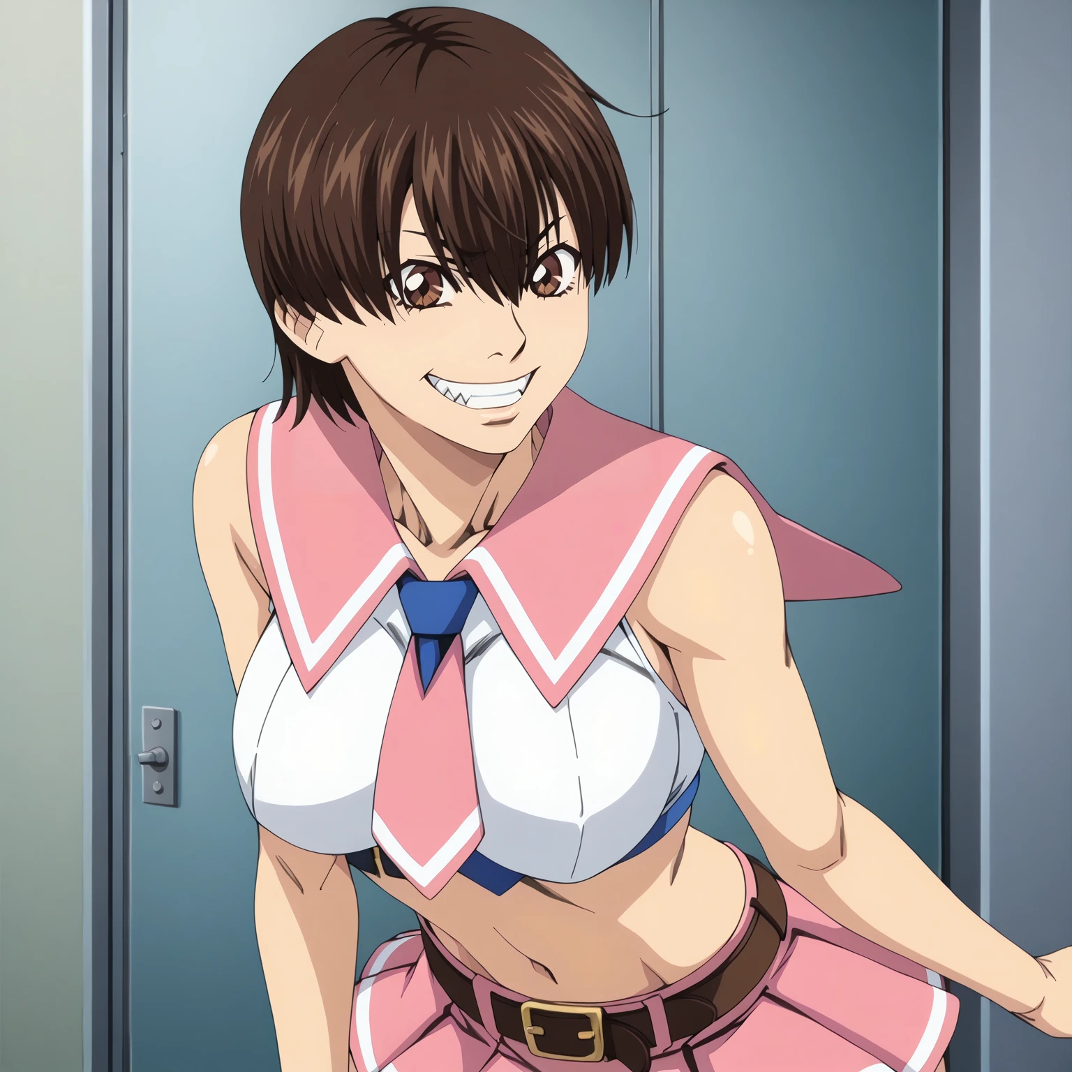 <lora:ShihoChiroyamaXLpony001>,
grin,
solo,
ShihoChiroyama,1girl,black brown hair,short hair,brown eyes,
large breasts,
pink sailor color,white crop_top,blue tie,
belt,pink mini skirt,pink panties,