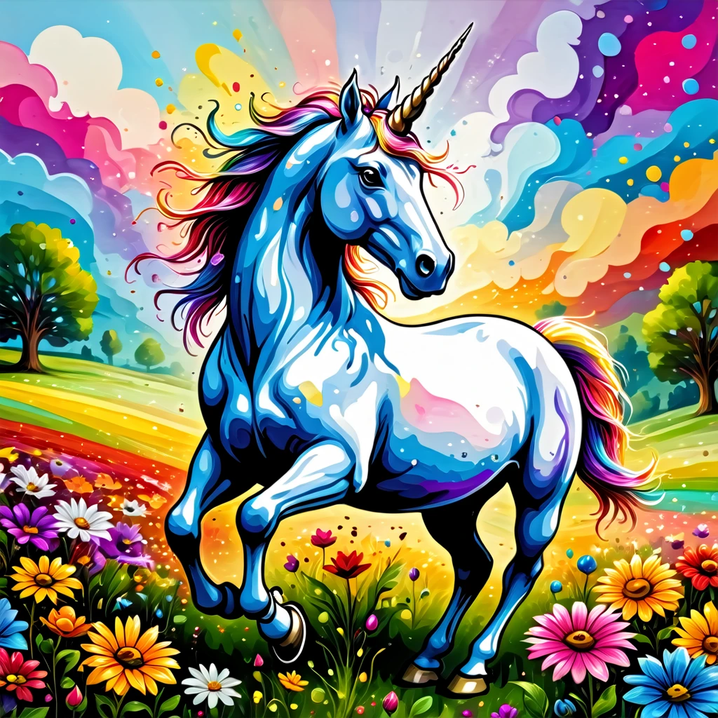 a colored splash painting of a A unicorn prancing through a field of flowers best image quality, masterpiece, super high resolution, (fidelity:1.4), photo , splash effect, Jed-Splash,    <lora:ColourfullSplashStyle:0.3>