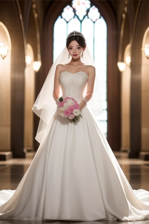 ltra-detailed,highly detailed,best quality,masterpiece,illustration,realistic,photorealistic,
1girl, solo, bride, bare shoulders,
hunsha, wedding dress, bridal veil,  gown, long dress, 
jewelry, earrings, tiara, 
looking at viewer, standing,  own hands together,
indoors, cathedral, 
 <lora:hunsha_v2_01:1.0>