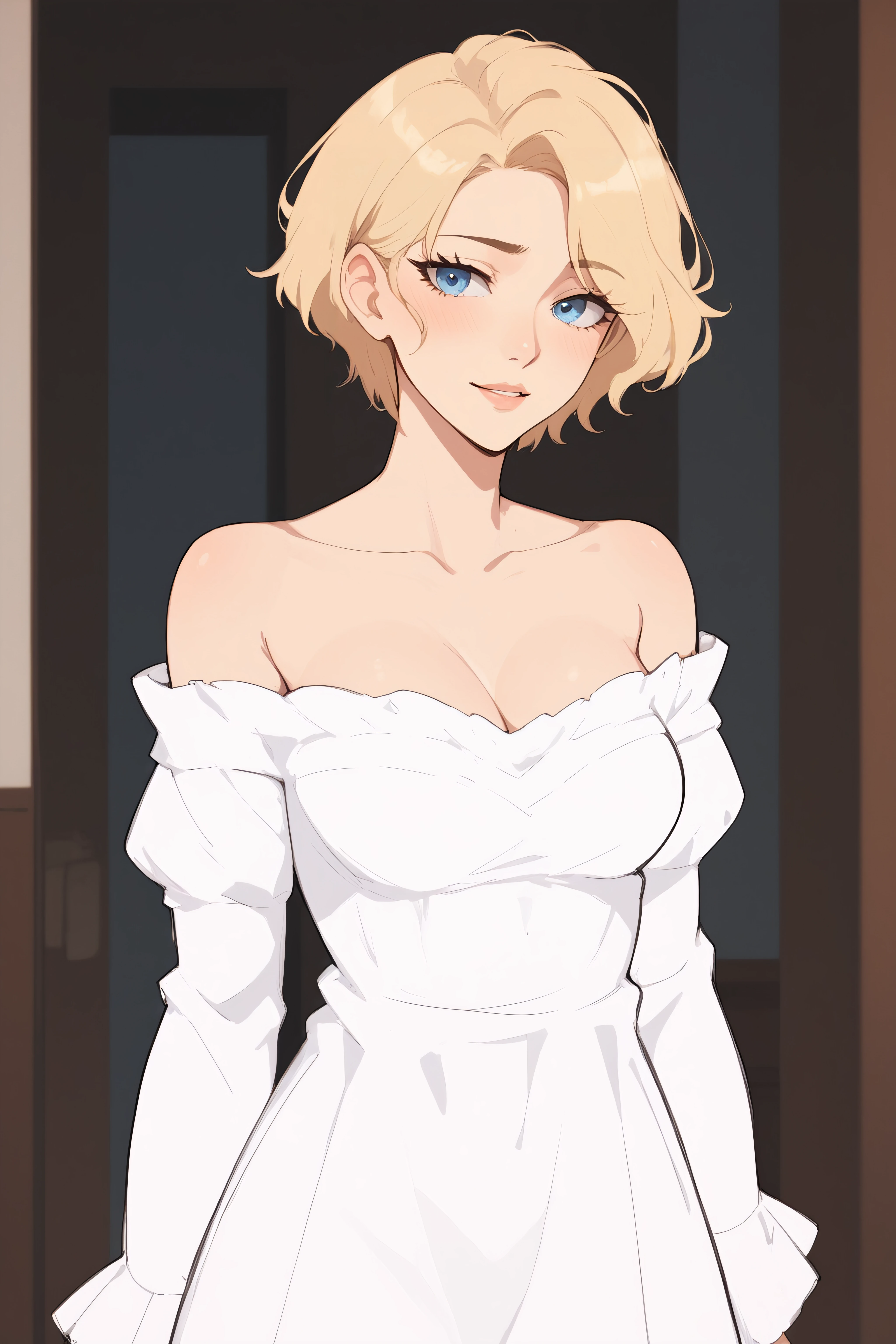 score_9, score_8_up, score_7_up, BREAK source_anime, <lora:Arte-PonyXL-lora-Faxtron:0.8> arte, blue eyes, blonde hair, short hair, medium breasts, long white dress, collarbone, long sleeves, bare shoulders,