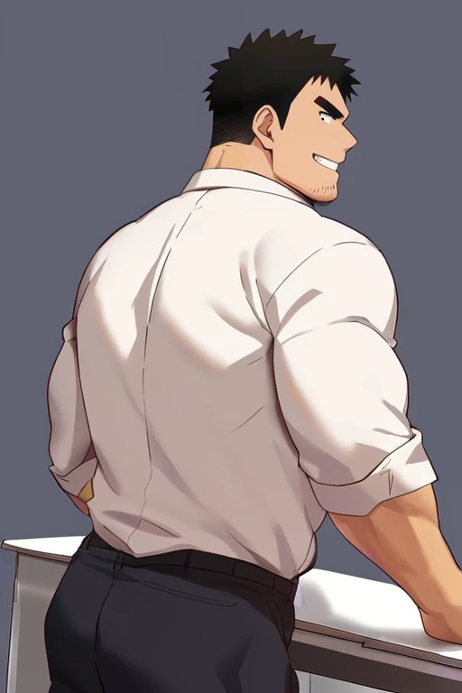 score_9, score_8_up, score_7_up, score_6_up, perfect anatomy, perfect proportions, best quality, masterpiece, high_resolution, high quality, solo male, Harumi Takeda , takeda harumi \(shiromanta\), black hair, short hair, facial hair, stubble, black eyes, thick eyebrows, sanpaku, constricted pupils, (white collared shirt), black pants, adult, mature, masculine, manly, tone, muscular, handsome, charming, alluring, standing, friendly, smile, upper body, dutch angle, cowboy shot, simple background, BREAK office, (from behind, hands on desk), backside, butt raised, look over shoulder<lora:EMS-409621-EMS:0.800000>