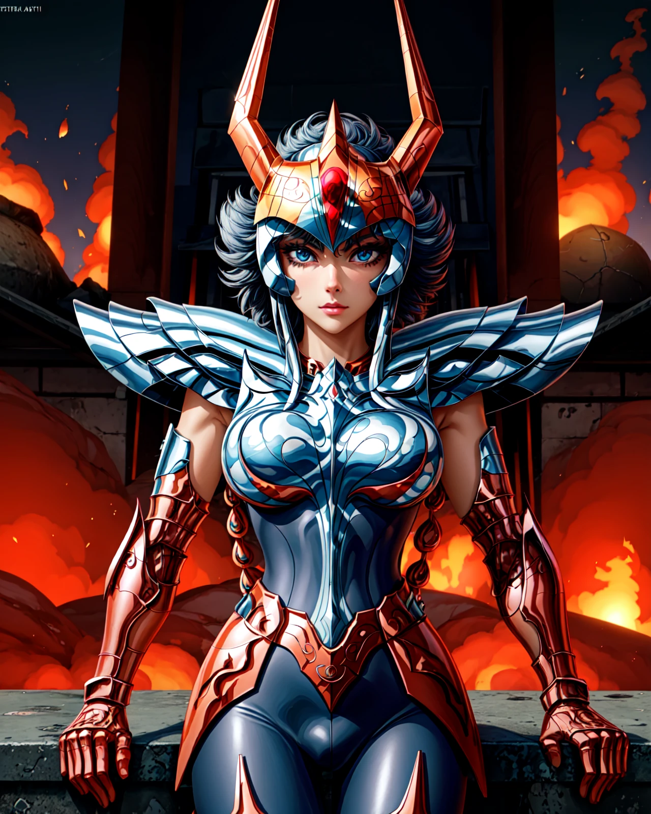 masterpiece, best quality, highres, solo, 1girl, blue eyes, detailed background,volcano,armor,molten rock,  <lora:more_details:0.7>,outdoor ,(medium breasts:1.5) ,<lora:ikki:0.8>,ikki,helmet