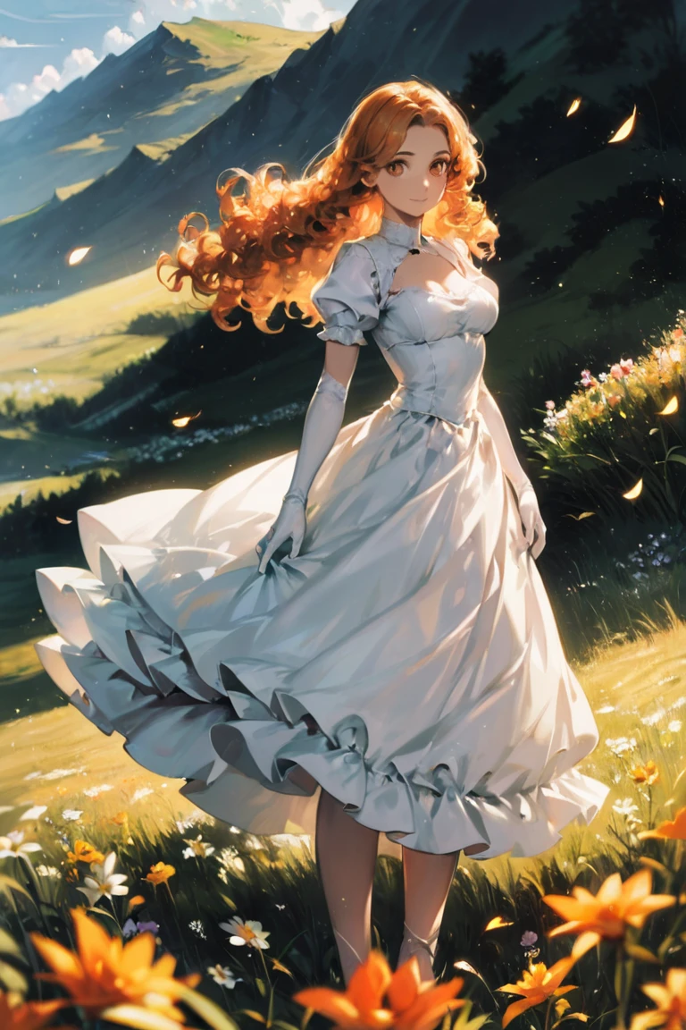 score_9, score_8_up, score_7_up, rating_safe, 1girl, solo, long hair, curly hair, wavy hair, orange hair, orange eyes, looking at viewer, breasts, dress, white dress, puffy sleeves, puffy short sleeves, short sleeves, gloves, elbow gloves, white gloves, cowboy shot, closed mouth, standing, outdoors, field, flower, grass, plant, sky <lora:Anime Summer Days Style SDXL_LoRA_Pony Diffusion V6 XL:0.8>