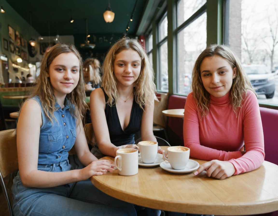 multipeoplelora, 3women, sitting at table in coffeeshop, portrait